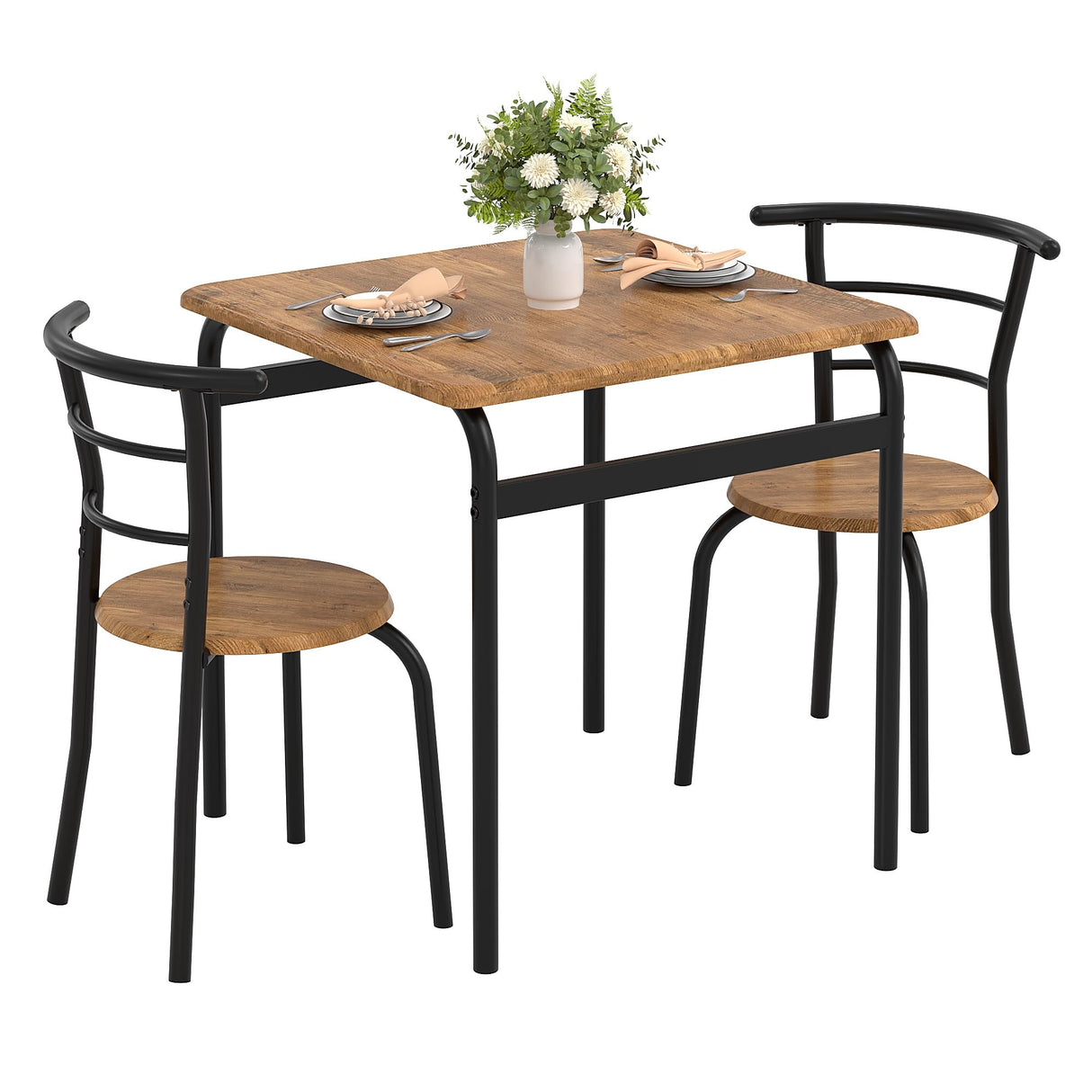 VECELO 3 Piece Dining Table & Chairs Set for 2, Metal and Wooden Square Kitchen Dinette Set for Small Space, Breakfast Nook, Saving Space, Brown VECELO