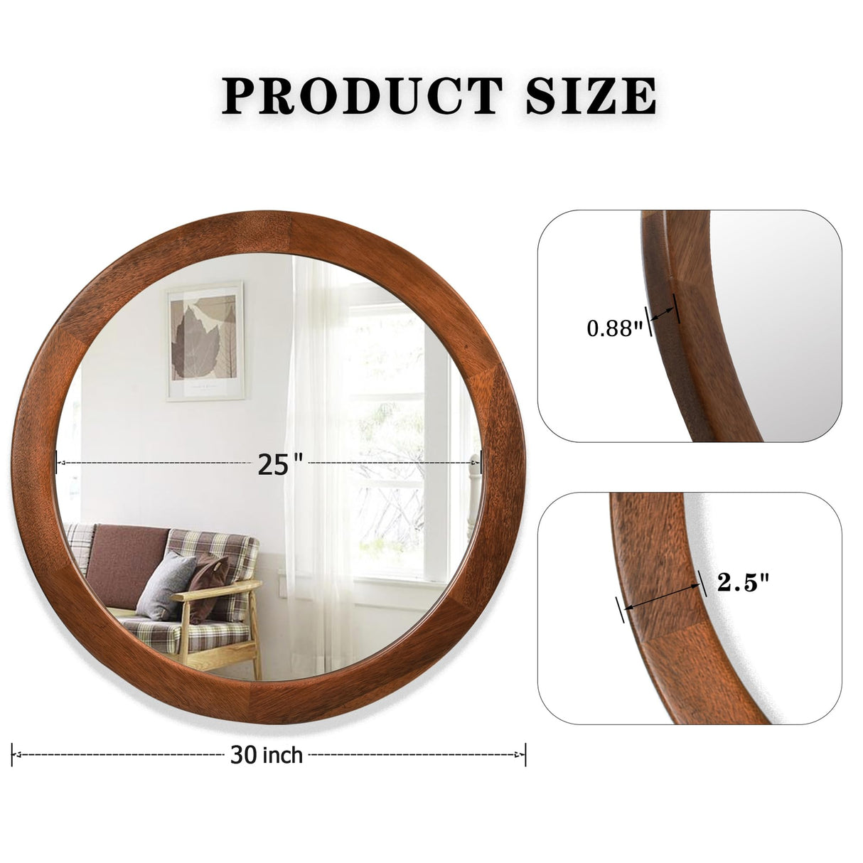 CULER Round Mirrors 30 Inch,Wood Vanity Wall Rustic Mirror with Walnut Frame, Wooden Mirror for Bathroom Bedroom Living Room Or Entryway(Walnut Brown) CULER