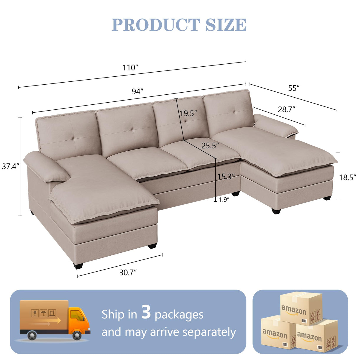 Shintenchi 110" Sectional Couches for Living Room,4 Seat U Shape Modular Couch with Thick Cushion & Soft Backrest,Upholstered Sofa Couch with Double Chaise,Beige Shintenchi