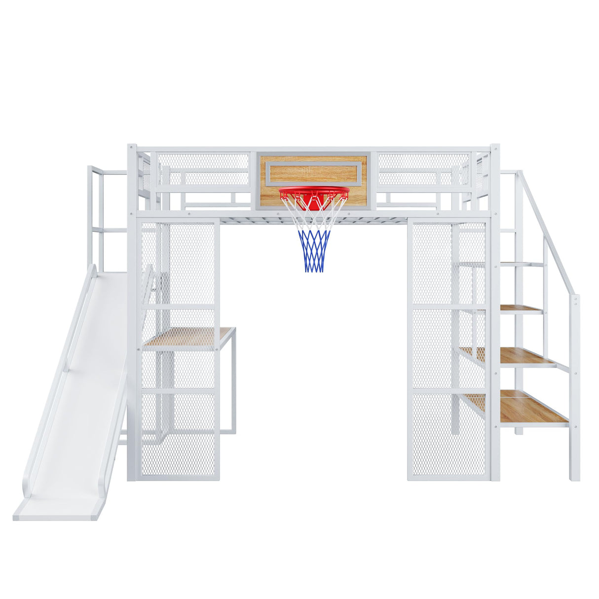 SOFTSEA Full Size Loft Bed with Slide and Storage Stairs, Metal Loft Bed with Built-in Desk, Open Wardrobe, Basketball Hoop, Space-Saving Loft Bed Frame with Guardrail for Kids Teens Boys, White SOFTSEA