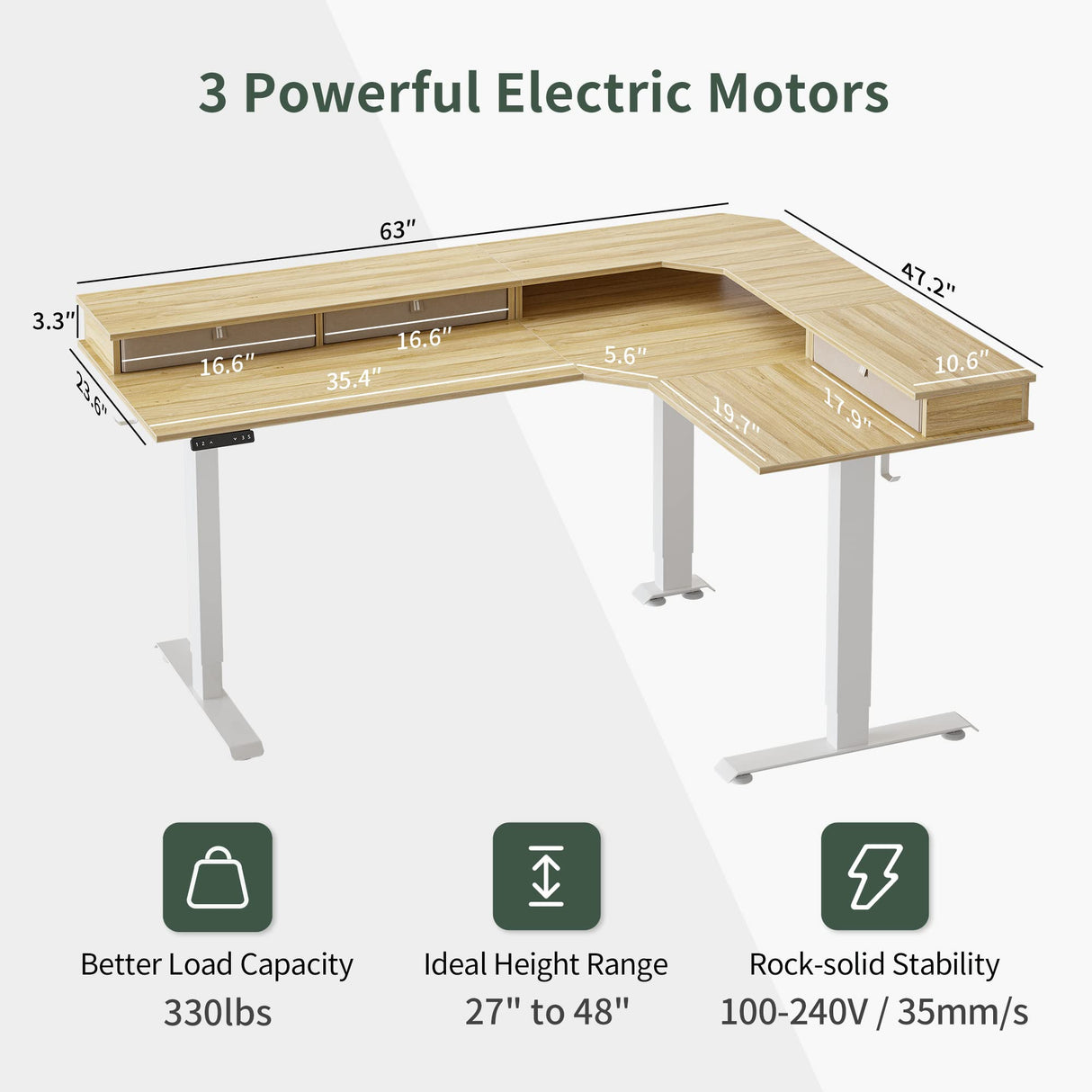FEZIBO Triple Motor 63" L Shaped Standing Desk with 3 Drawers, Electric Standing Desk Adjustable Height, Corner Stand up Desk with Splice Board, White Frame/Natural Top FEZIBO