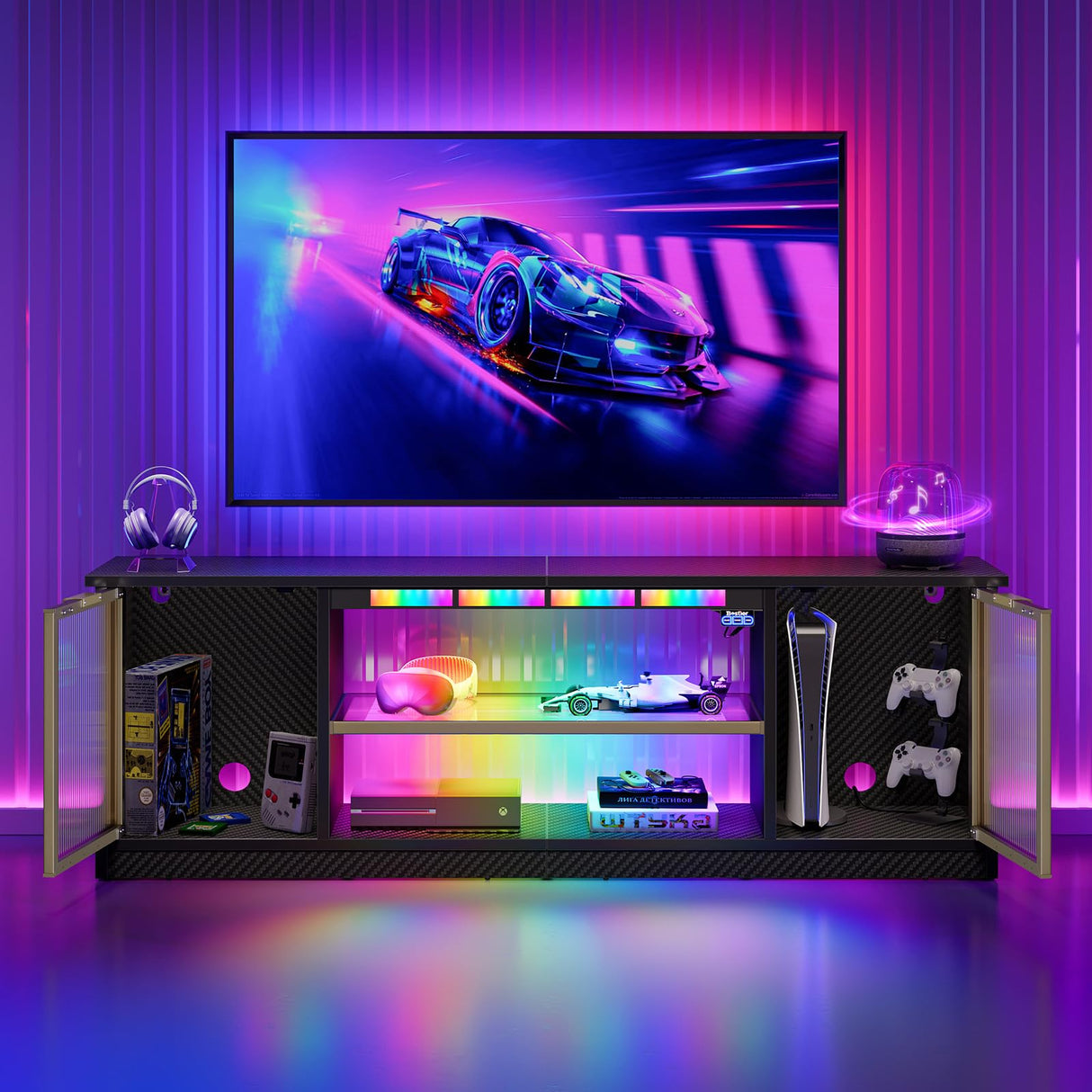 Bestier Gaming TV Stand with Music Sync Light, Flow Vibe Entertainment Center with Storage for PS5 Xbox, RGB LED Party Modes Television Stands for 50/55/60/65 inch TV (Black 3D Carbon Fiber, 57 inch) Bestier