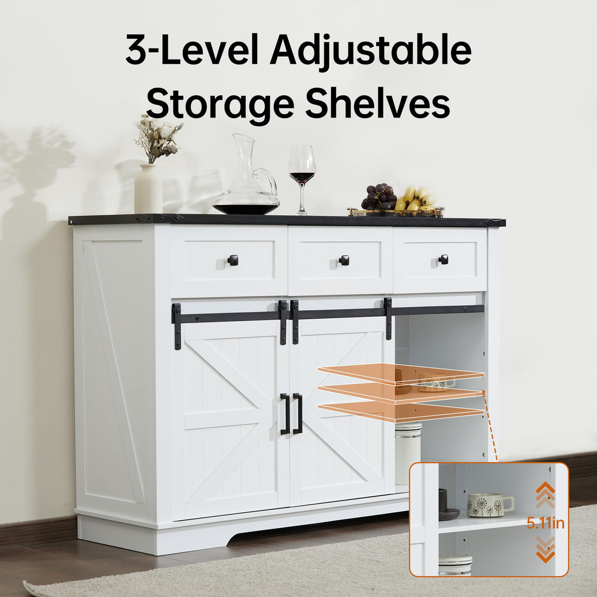 Winlice Buffet Cabinet w/Storage, Large 54" Farmhouse Wine & Coffee Bar Cabinet w/Sliding Barn Doors, Wine Rack, Rustic Large Buffet Sideboard w/3 Drawers for Living, Dining Room, White Winlice