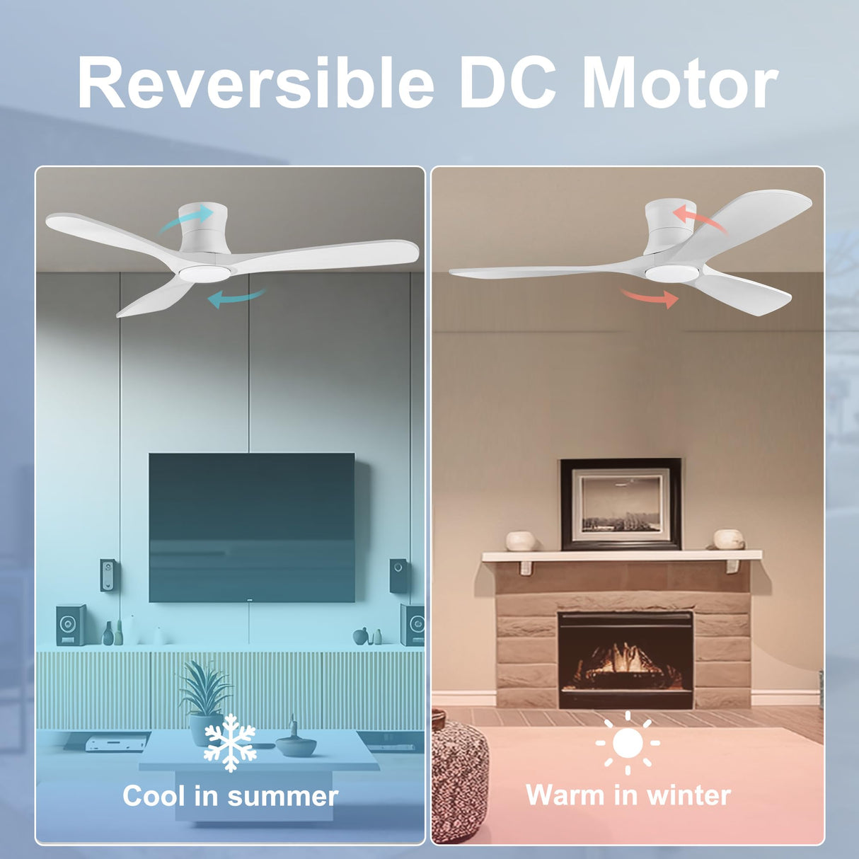 52in Smart Low Profile Ceiling Fans with Lights Remote,Quiet DC Motor,Outdoor Indoor Flush Mount Ceiling Fan,Control with WIFI Alexa App,Dimmable,6-speed,3 White Wood blades,for Modern Bedroom Patio Hoenofly