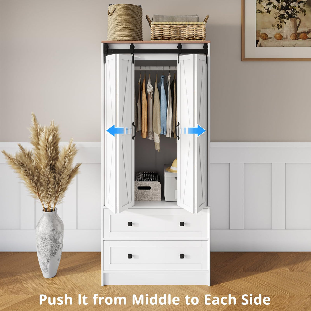 Maupvit Farmhouse Armoire with 2 Folding Sliding Barn Doors and Drawers 70.9" Tall Wooden Bedroom Wardrobe Closet with Spacious Storage Cabinet with Hanging Rod for Bedroom, White Maupvit