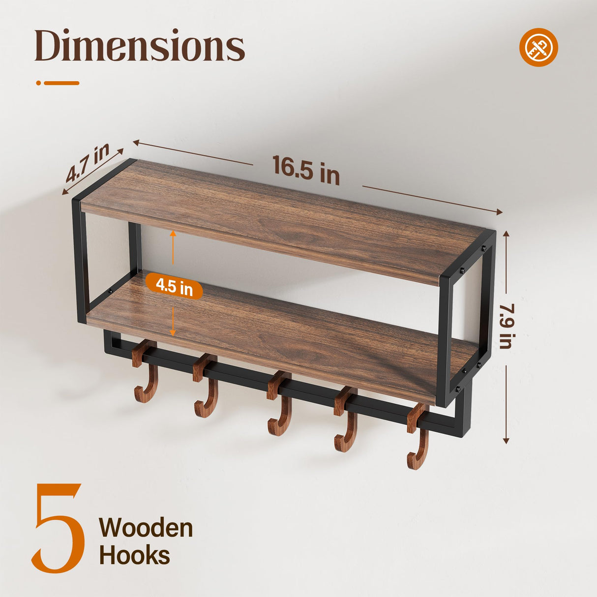 Orapoke Wall Shelf with Hooks, 2 Tier Coat Rack Wall Mount with Shelf for Entryway Farmhouse Living Room, 5 Wooden Decorative Wall Hooks for Hanging Coat Jackets Hats Towel Key (16.5") Orapoke