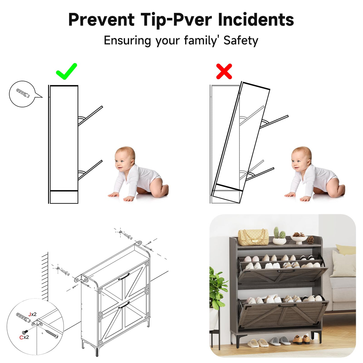 Derfullo Shoe Cabinet with 2 Flip Drawers,Shoe Storage Cabinet for Entryway,Freestanding Shoe Cabinet Organizer with Open Storage, Narrow Farmhouse Shoe Rack with Legs, Washed Gray Derfullo