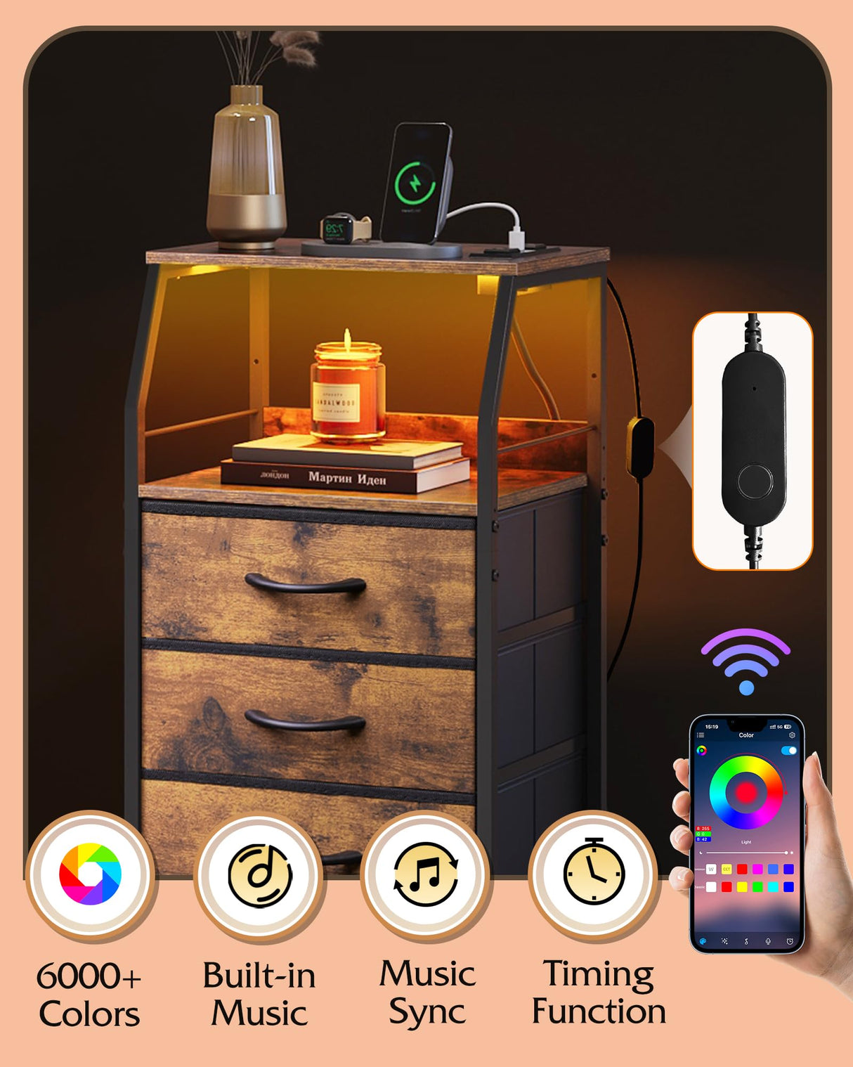 WLIVE LED Nightstand with Charging Station, Fabric Dresser with 5 Drawers for Bedroom, Tall Night Stand with Open Shelves, Bed Side Tables Living Room, Rustic Brown WLIVE