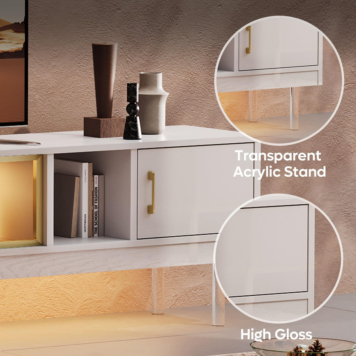 Bestier Modern TV Stand for 85 inch TV, 80 inch Long LED Entertainment Center with Storage Drawer & Cabinets for Living Room, High Gloss Media Console Table, Furniture in Living Room, White Gold Bestier