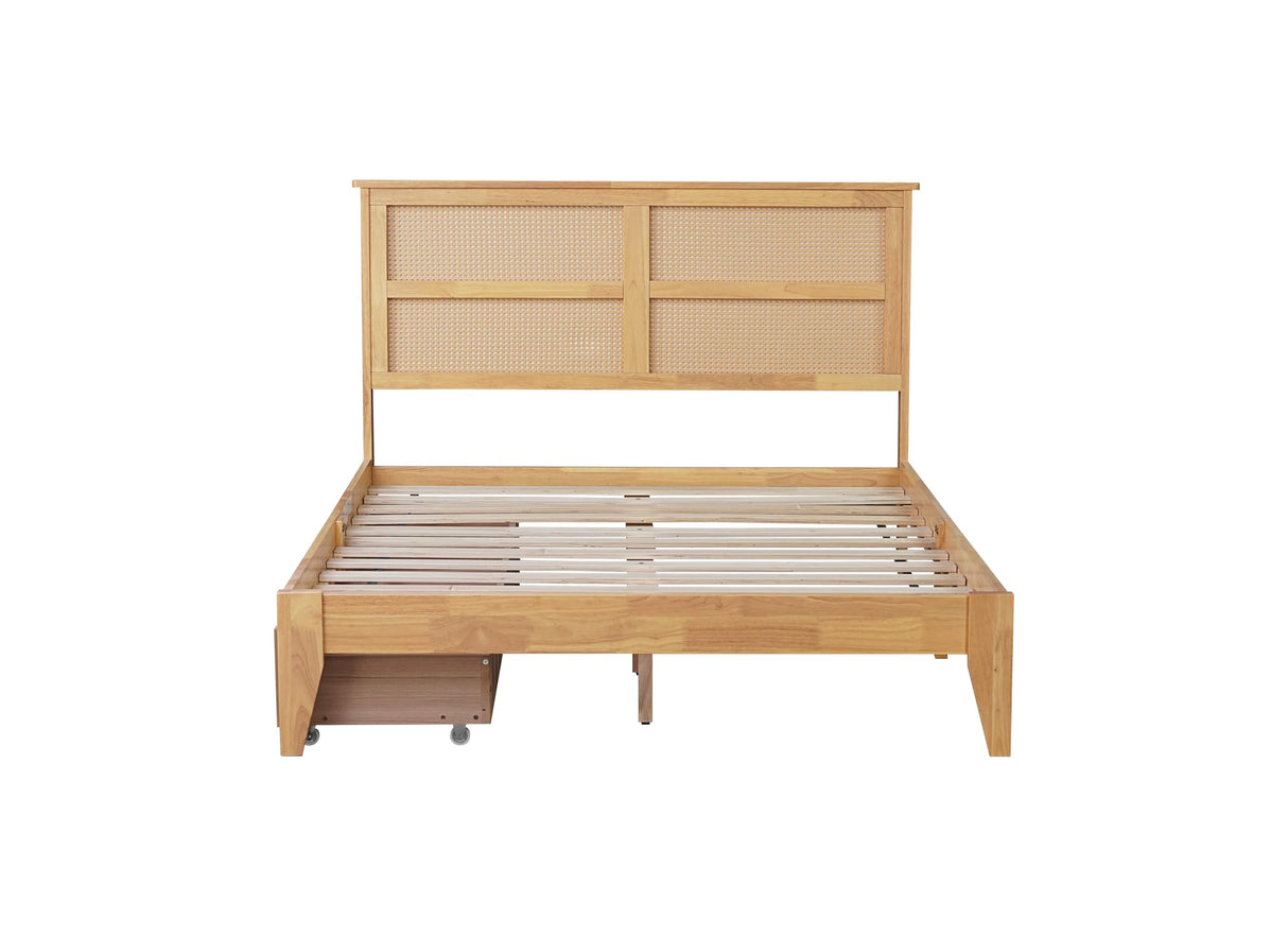 KEIKI Full Size Wood Platform Bed Frame with Rattan Headboard, 2 Storage Drawers, Modern Style Bed with Solid Wooden Slats, Easy Assembly, No Box Spring Required, for Bedroom, Guest Room, White Oak KEIKI