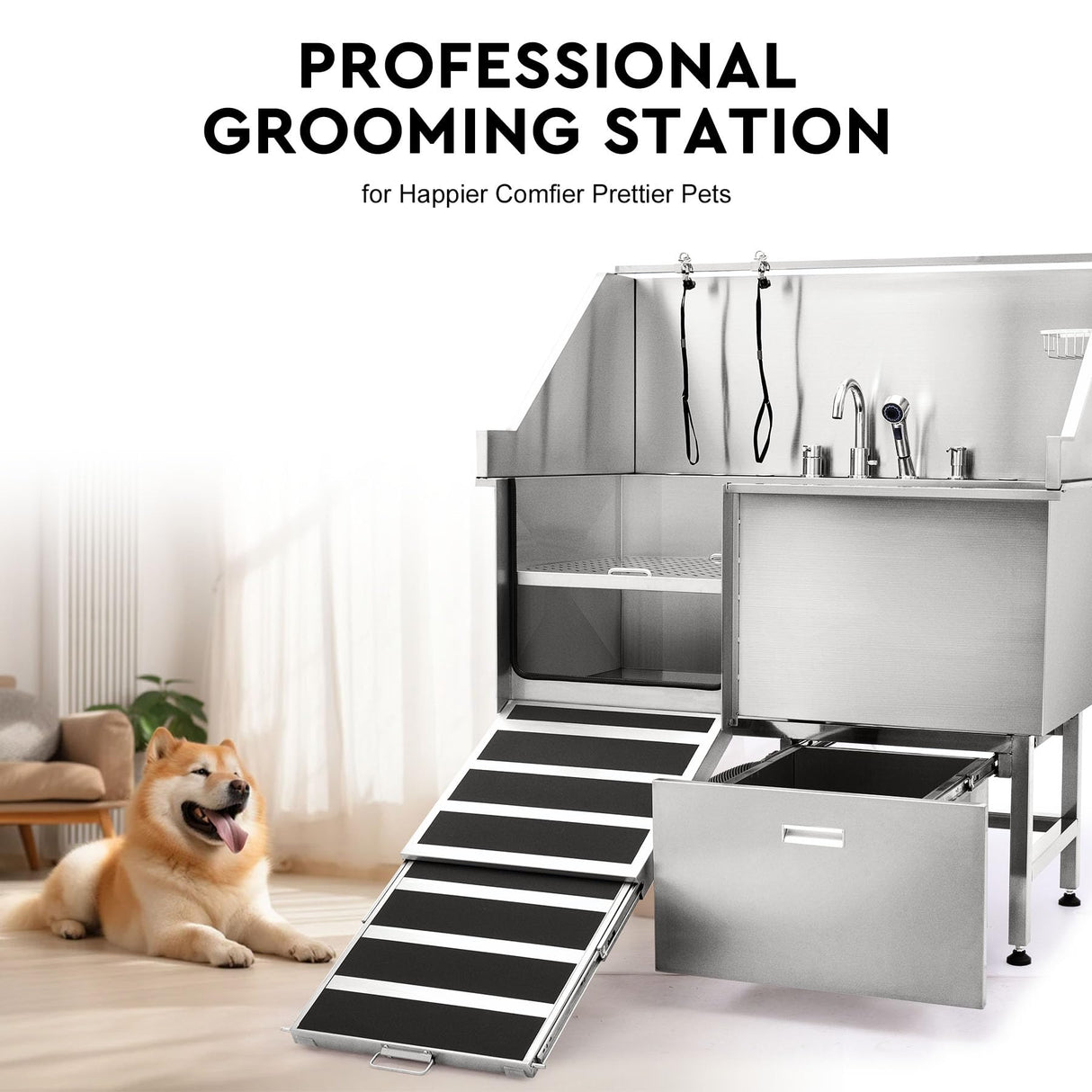 CO-Z Professional Dog Bathing Station, 50 in. Dog Grooming Tub with Nonskid Retractable Ramp for Large Dogs, Stainless Steel Dog Washing Station with Swivel Faucet Pull Out Showerhead Storage Drawer CO-Z