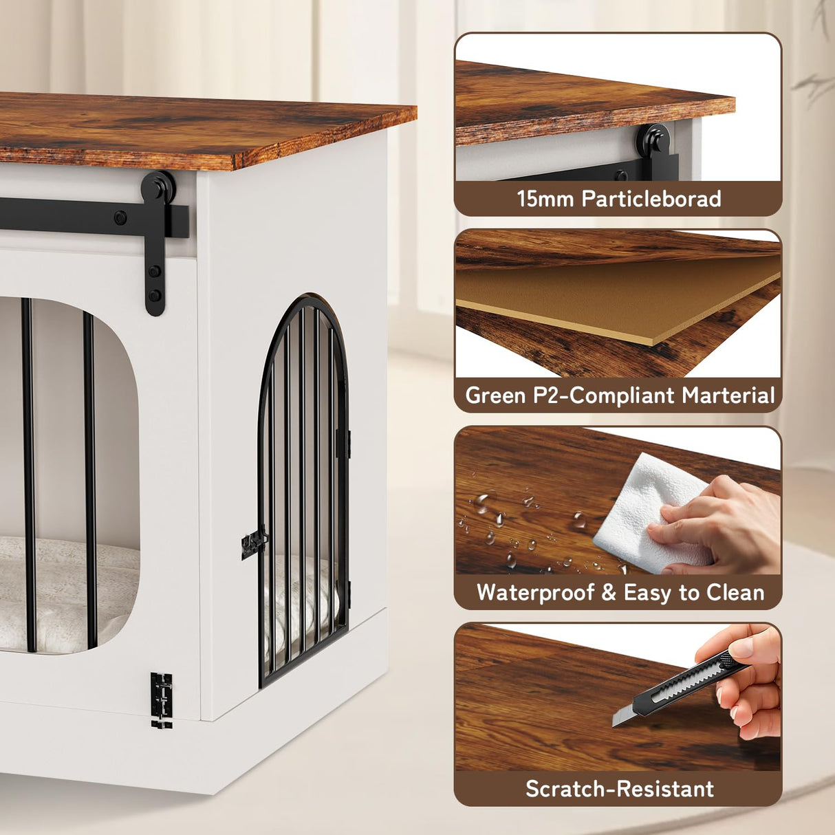 XXL Dog Crate Furniture,47.2 Inches White Kennel Furniture with Cushion Decorative Farmhouse Crate Indoor Thick Wooden Pet House End Table Modern Cage Furniture for Medium/Large Dog YDTOP