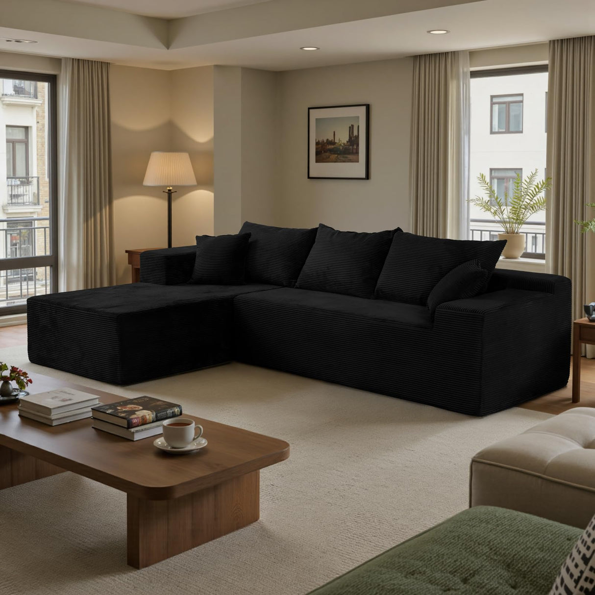 Black Sectional Couches for Living Room, Boneless Couch with L-Shape Chaise, Modular Sofa in Box with Deep Seat, No Assembly Required SIMTONAL