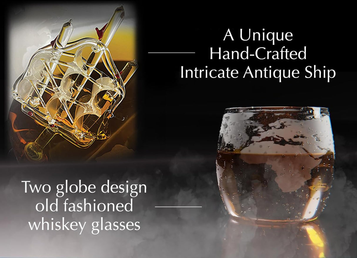 Whiskey Decanter Globe Set with 2 Etched Globe Whisky Glasses | Whiskey Stones, Ice Tong, Coasters, Funnel - Gifts for Men Dad, Husband - Liquor, Bourbon, Scotch, Vodka with a Wood Stand - 850ml Desired Cart