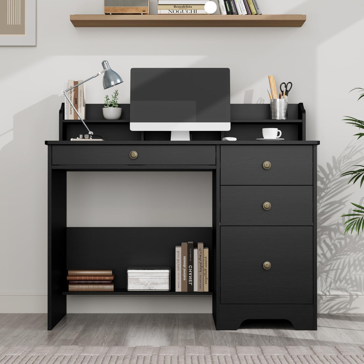 TTVIEW Computer Desk with Drawers and Hutch Shelf, Wood Executive Desk Writing Study Table with 43” Wide Tabletop, Small Desk with File Drawer for Home Office Bedroom, Black TTVIEW