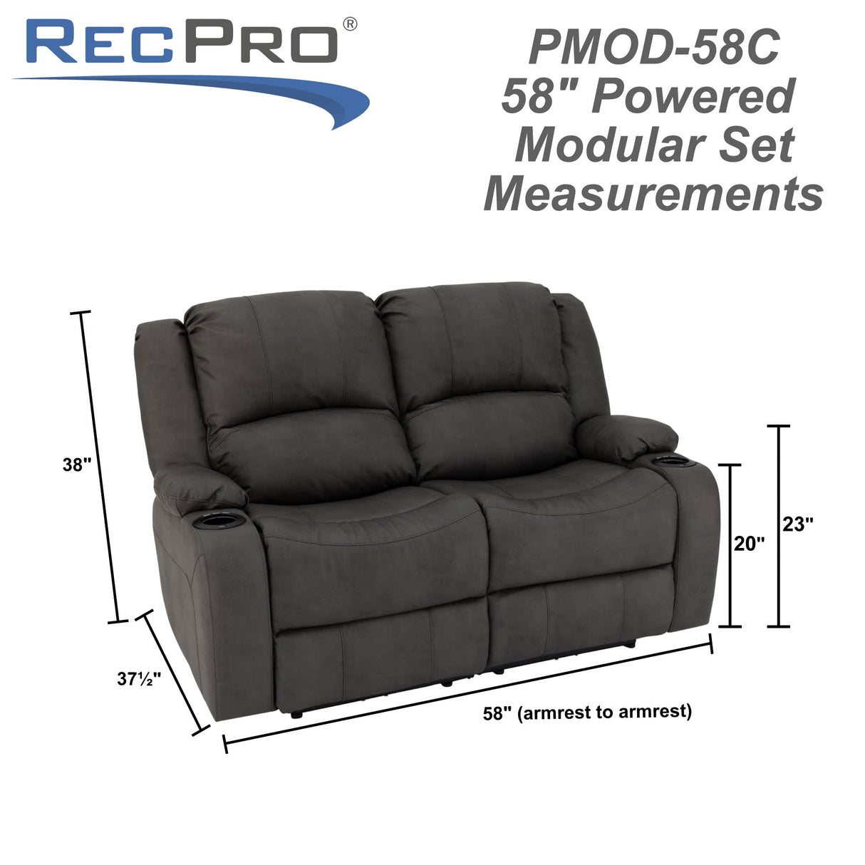 RecPro Charles 58" Powered Double RV Wall Hugger Recliner Sofa RV Loveseat with Upgraded 2023 Fabric (Gunmetal) RecPro
