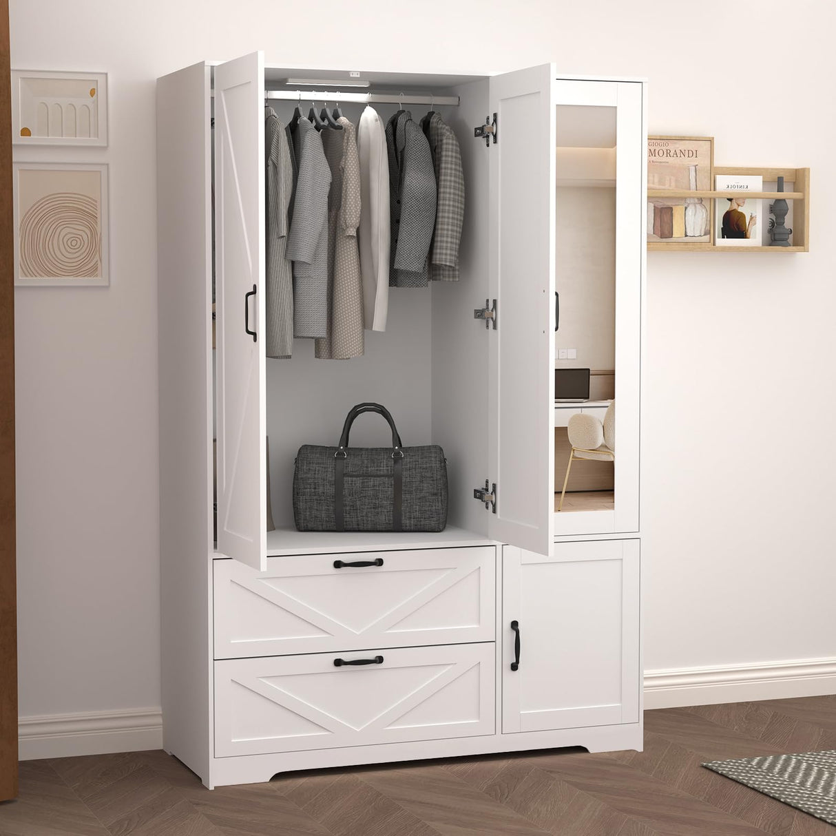 CORAZAZA Armoire Wardrobe Closet with Mirror Door,3 Doors Farmhouse Bedroom Armoire with Drawers and Adjustable Shelves,Wooden Armoire Wardrobe Closet with Hanging Rod for Bedroom(White) CORAZAZA
