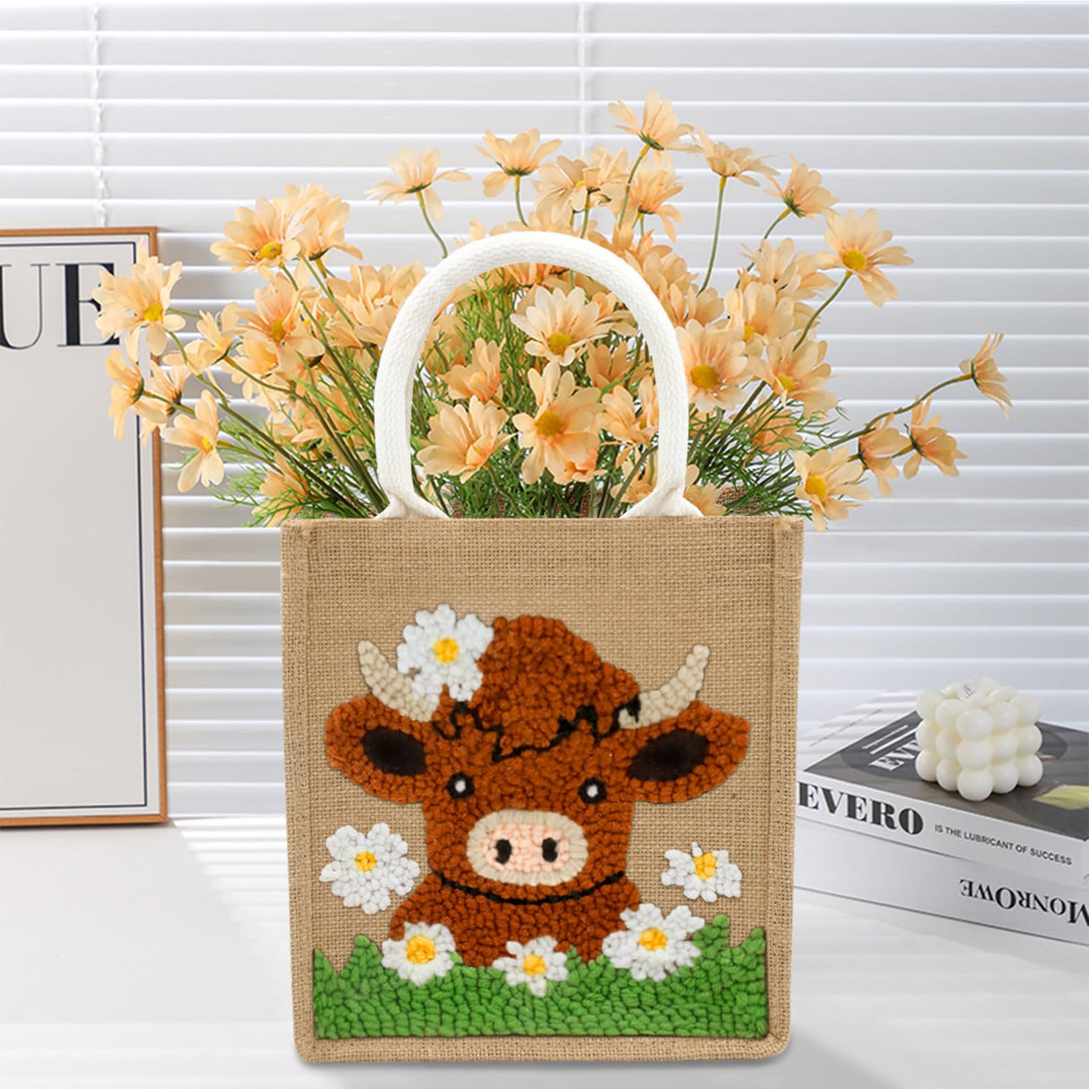 PUNICA Punch Needle Kits for Beginners with Highland Cow Pattern - Burlap Tote Bag for Adults & Kids, DIY Embroidery Starter Kit | Easy Craft Gifts (9x6.5x8.5 Inch) PUNICA