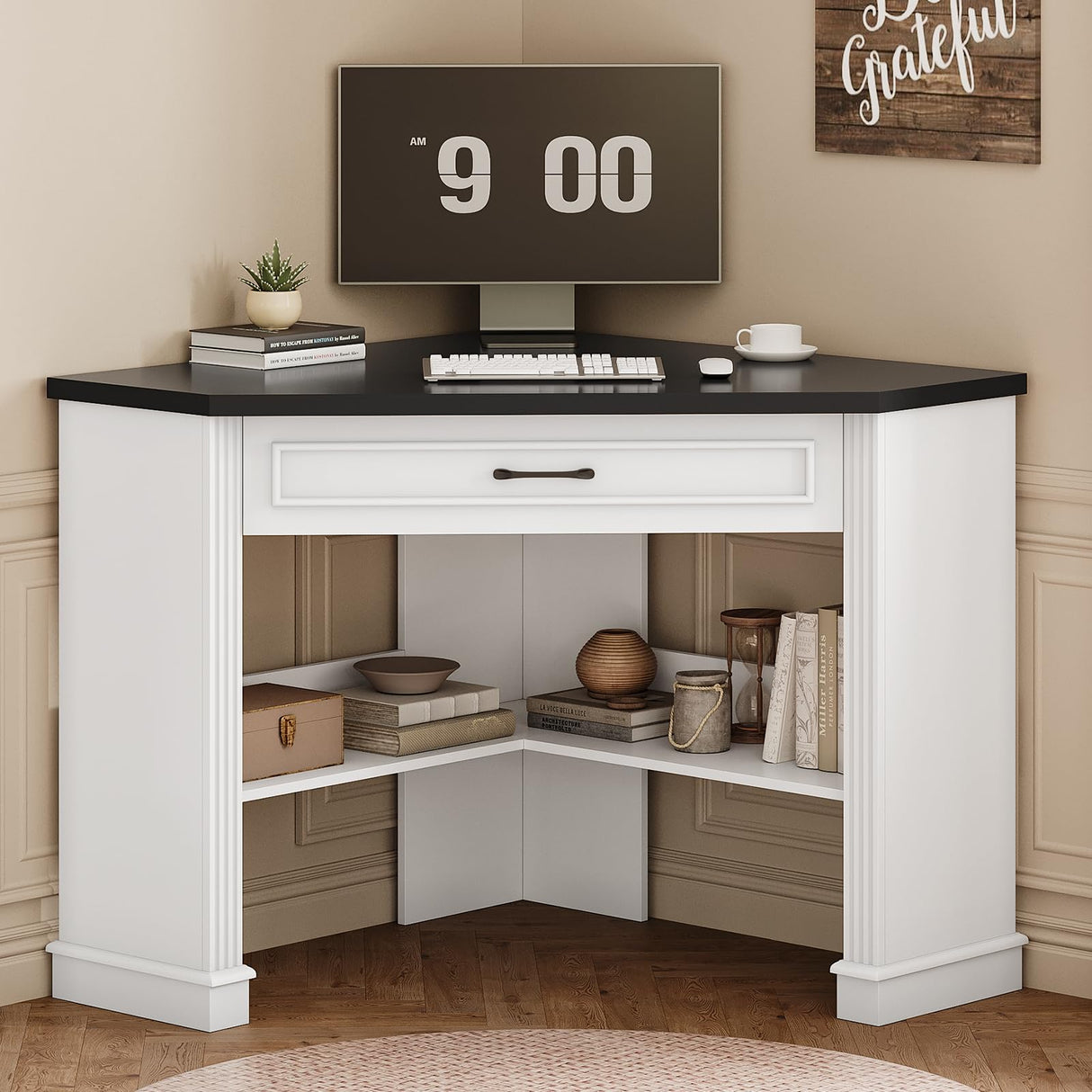 SEDETA 31.5" Corner Desk, Small Corner Desk for Small Space, Farmhouse Corner Computer Desk with Drawer, Small Computer Desk with Storage Shelves for Home Office, Living Room, Bedroom, White SEDETA