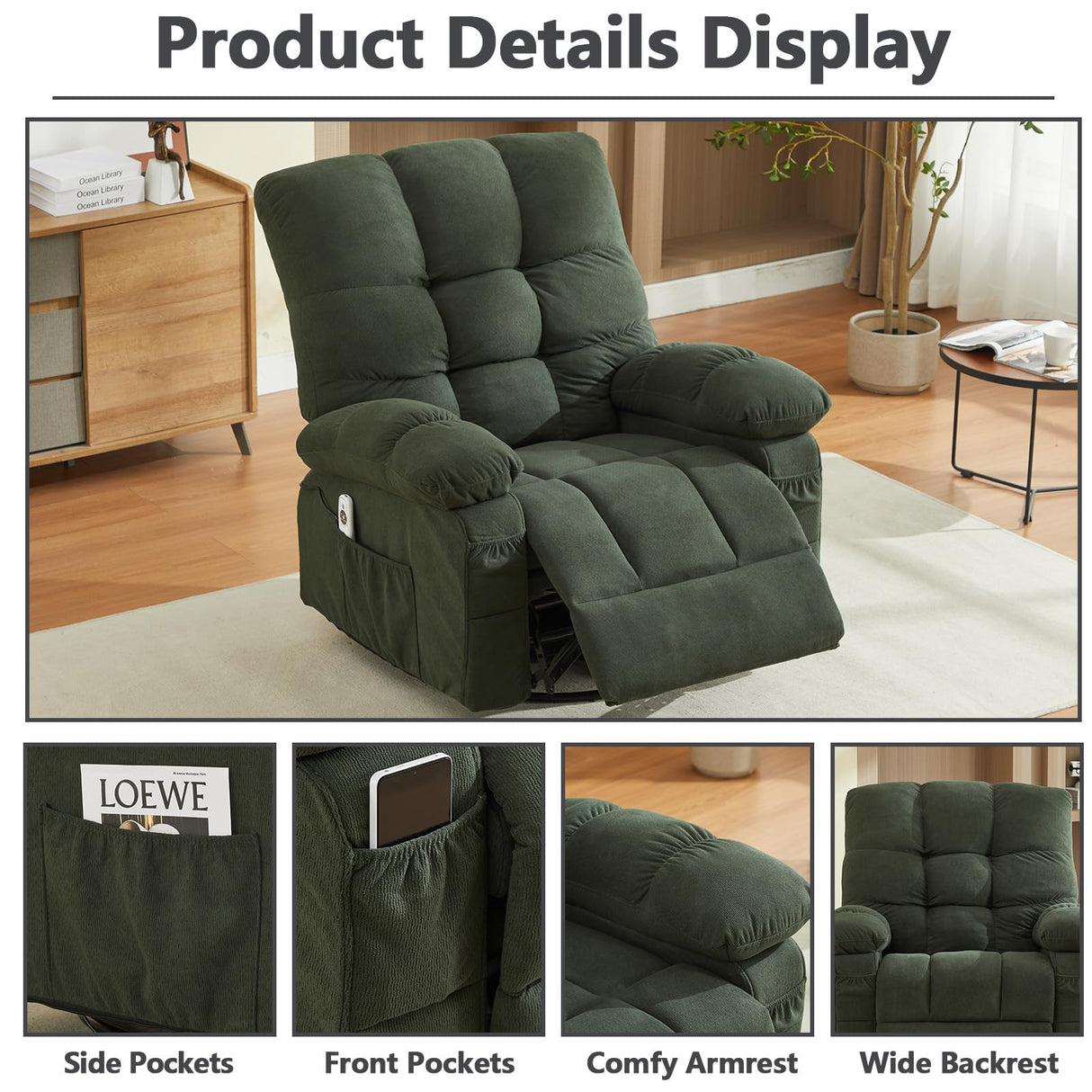 Oversized Recliner Chair & Massage Chair Recliner with Heat,Cozy Lazy Boy Recliners Chairs for Adults, Rocker Recliners Chairs&Manual Reclining with Adjustable Backrest,Pockets (Green) HRVEOCEI