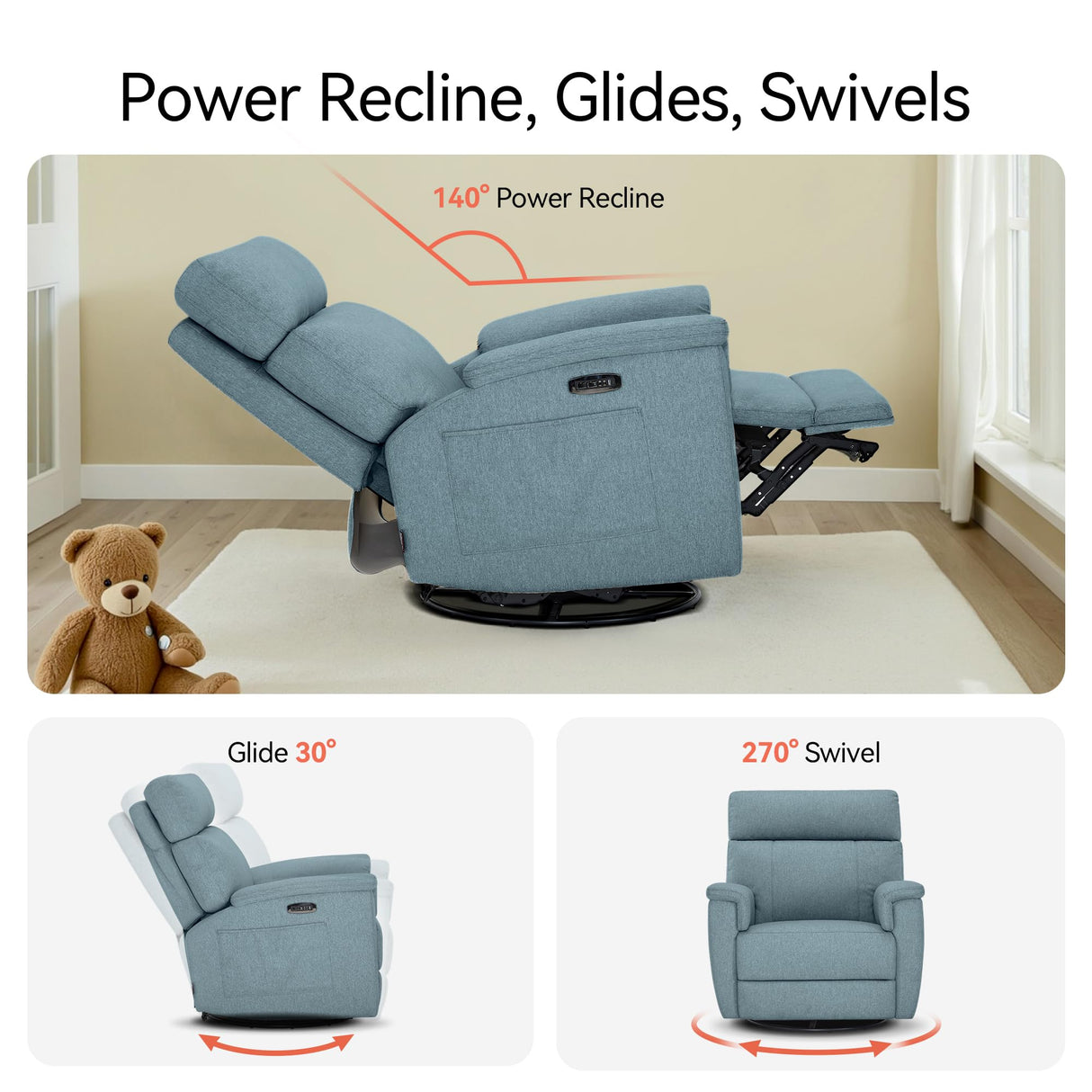 MCombo Oversized Swivel Glider Rocker Recliner with Adjustable Headrest, Dual Motor Power Recliner for Nursery, Led Nightlight, Fabric PR601 (Pacific Blue) MCombo