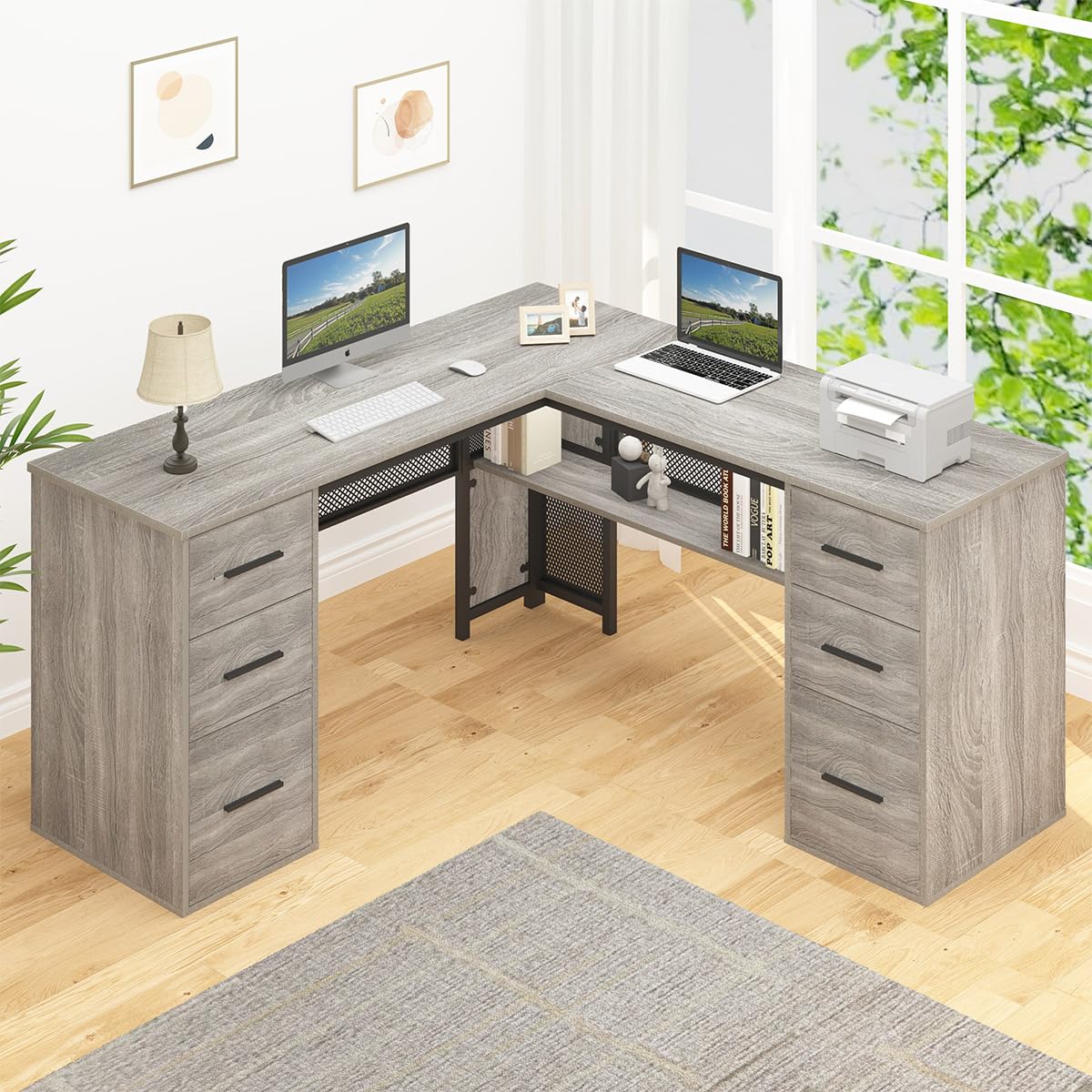 HSH Large L Shaped Desk with Storage File Cabinet,Corner L-Shaped Computer Desk with Drawers Shelves, Home Office Bedroom Metal Wood Study Writing Table Executive Workstation, Light Grey Oak, 59 Inch HSH