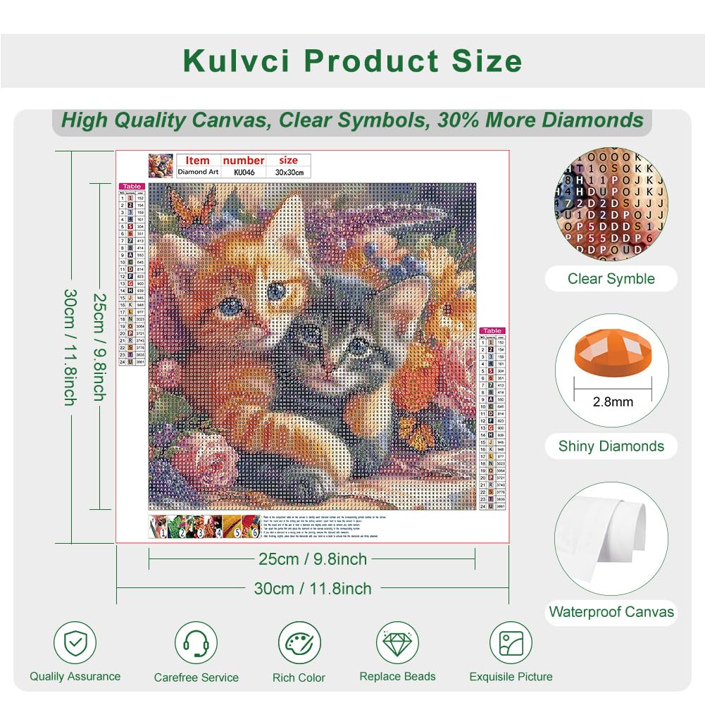 Kulvci Diamond Art Painting Kits for Adults Cat, Diamond Art Kits for Beginners, 5D DIY Full Drill Gem Craft for Home Decor Gift 12x12inch Kulvci