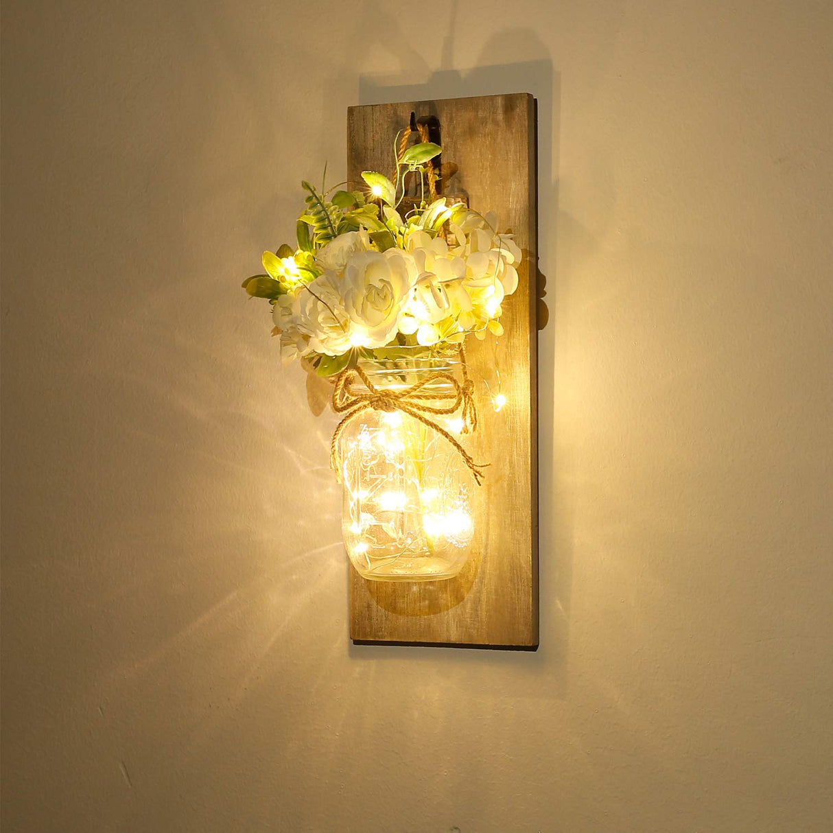 Wall Decor Mason Jar Sconces - Home Decor Wall Art Hanging Design with Remote Control LED Fairy Lights and White Rose, Farmhouse Wall Decorations for Bedroom Living Room Lights Set of Two Homecor