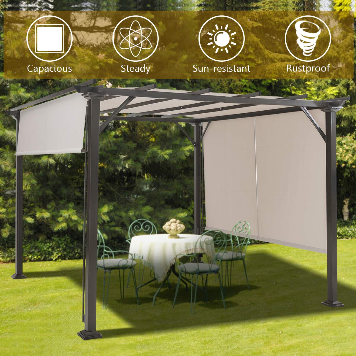 Tangkula 10 X 10FT Outdoor Pergola, Patio Furniture Shade Structure, Outdoor Steel Pergola Gazebo with Retractable Canopy Shades, Rustproof Metal Pergola for Patio, Backyard, Garden (Beige) Tangkula