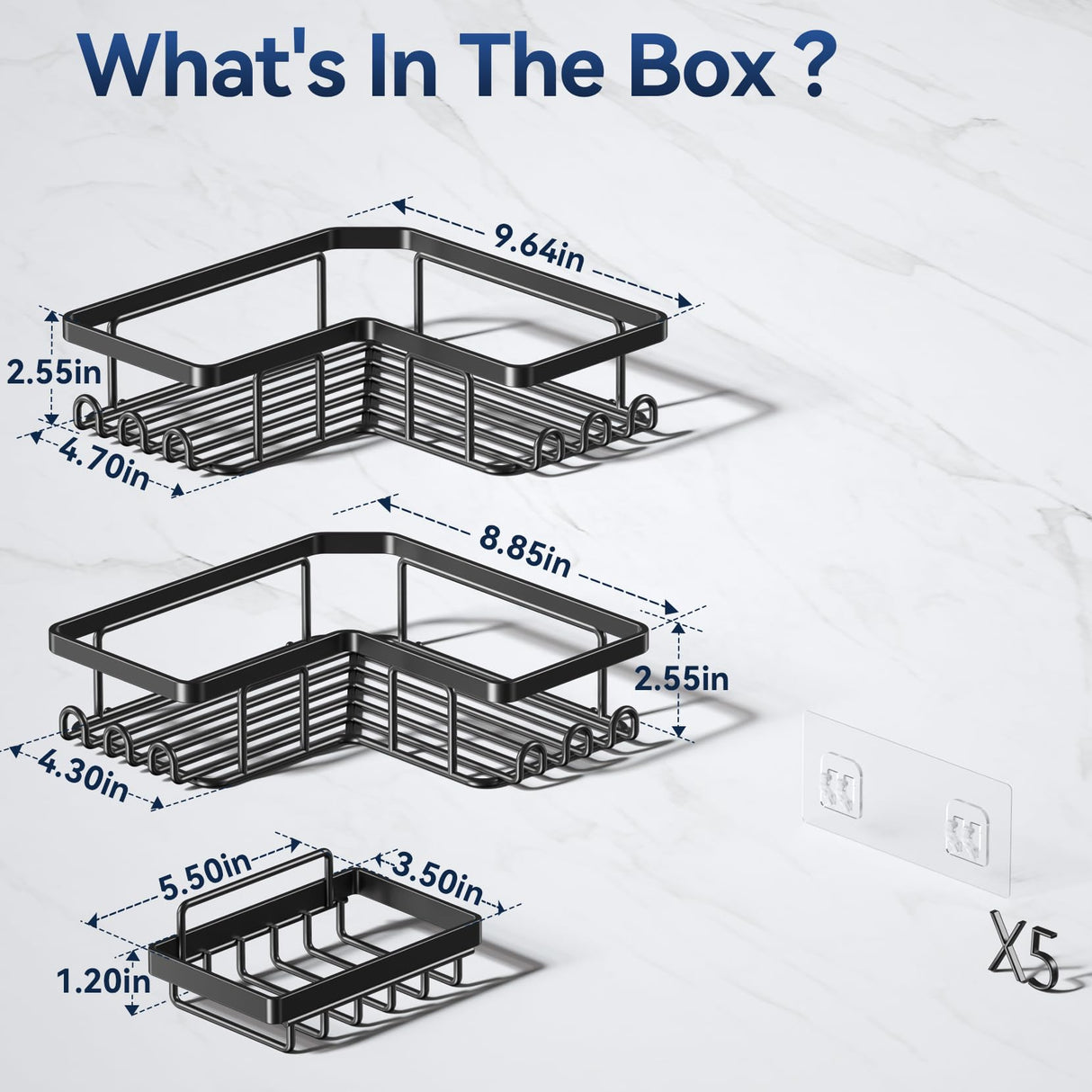 YASONIC Corner Adhesive Shower Caddy, with Soap Holder and 12 Hooks, Rustproof Stainless Steel Bathroom Organizer, No Drilling Wall Mounted Rack, Black, 3-Pack YASONIC