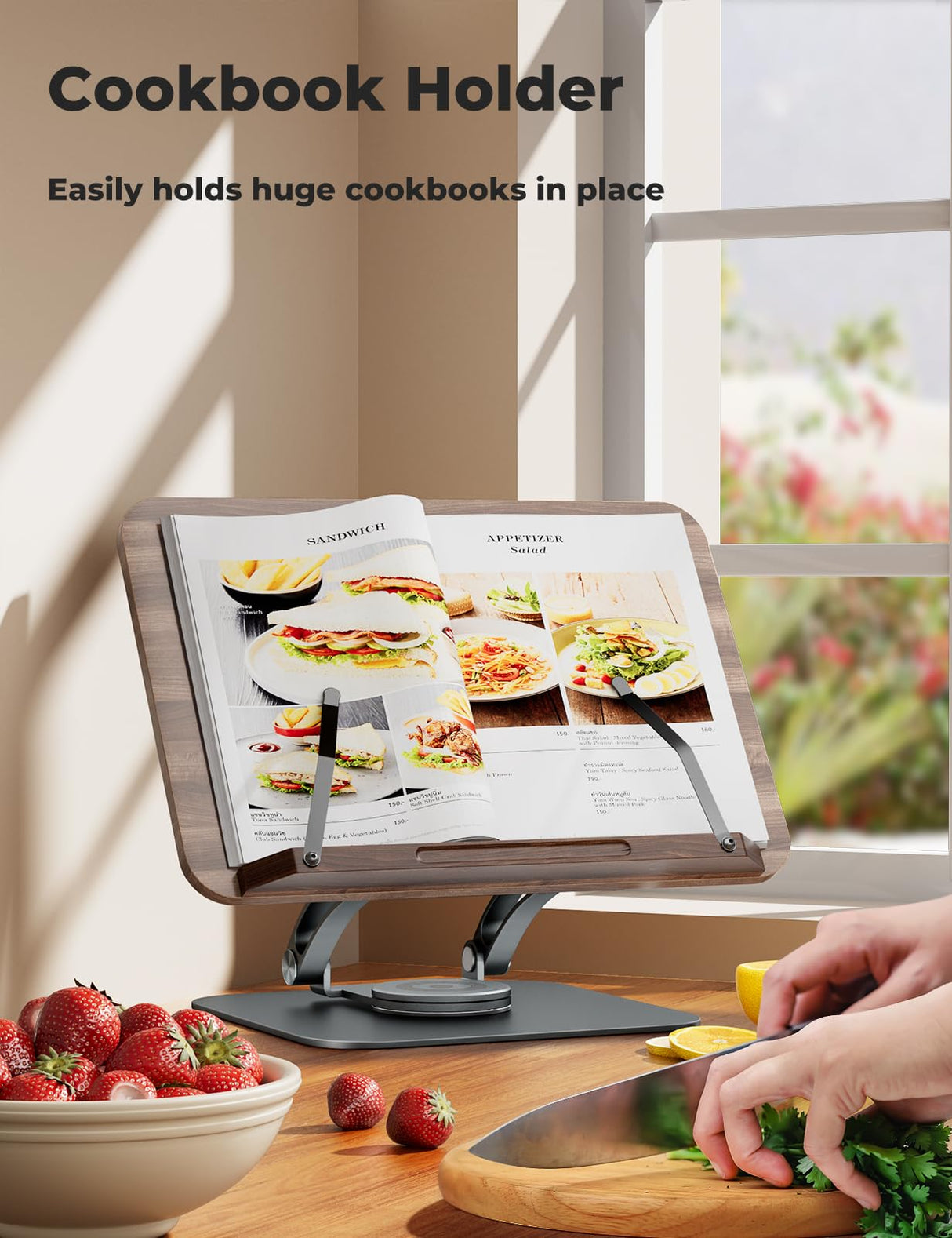 Tounee Book Stand for Reading, Adjustable Book Holder with 360° Swivel Base, Foldable Cookbook Stand Recipe Book Holder with Elastic Page Clips for Music Scores, Recipe, Tablet, Laptop-Gray tounee