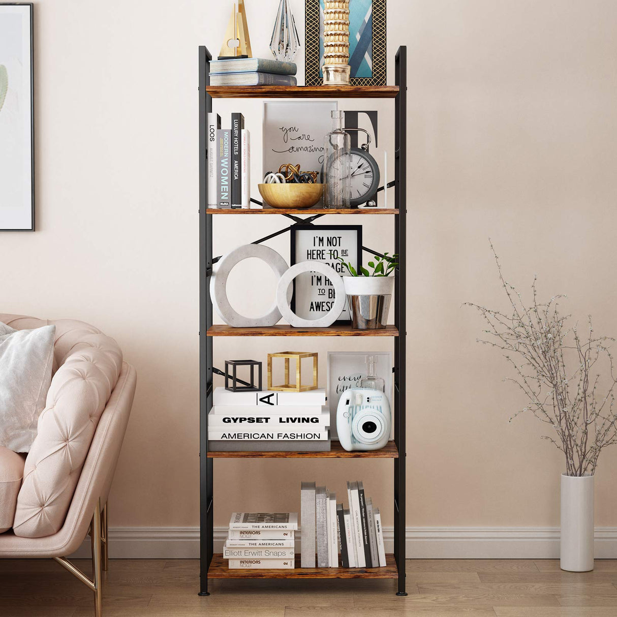 CosyStar 5-Tier Tall Bookcase, Rustic Wood and Metal Standing Bookshelf, Industrial Vintage Book Shelf Unit, Open Back Modern Office Bookcases CosyStar