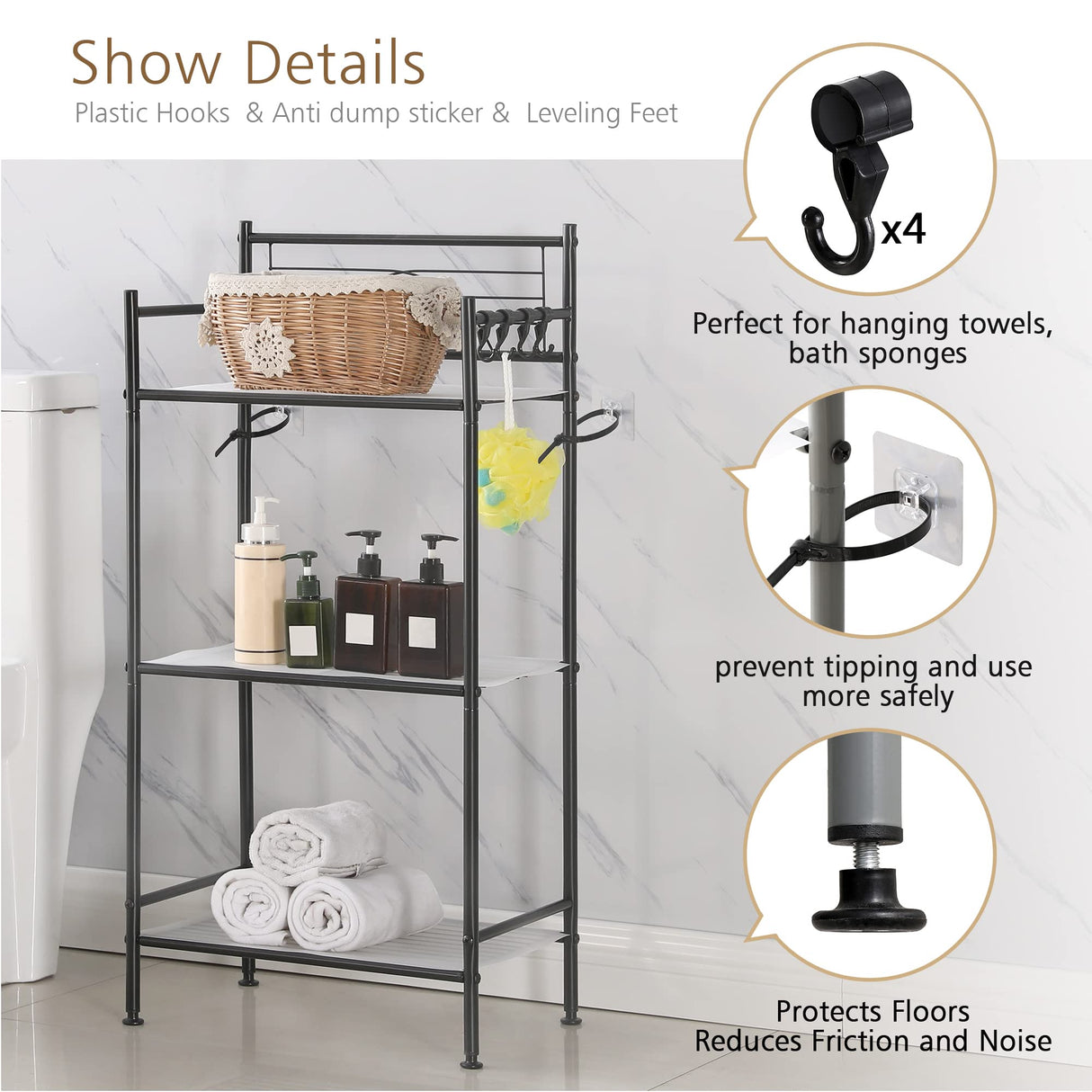 MallBoo 3-Tier Metal Freestanding Storage Shelf,Standing Bathroom Shelves with 3 x PP Shelf Liners and 4 x Hooks for Laundry Kitchen Office (Black) MallBoo