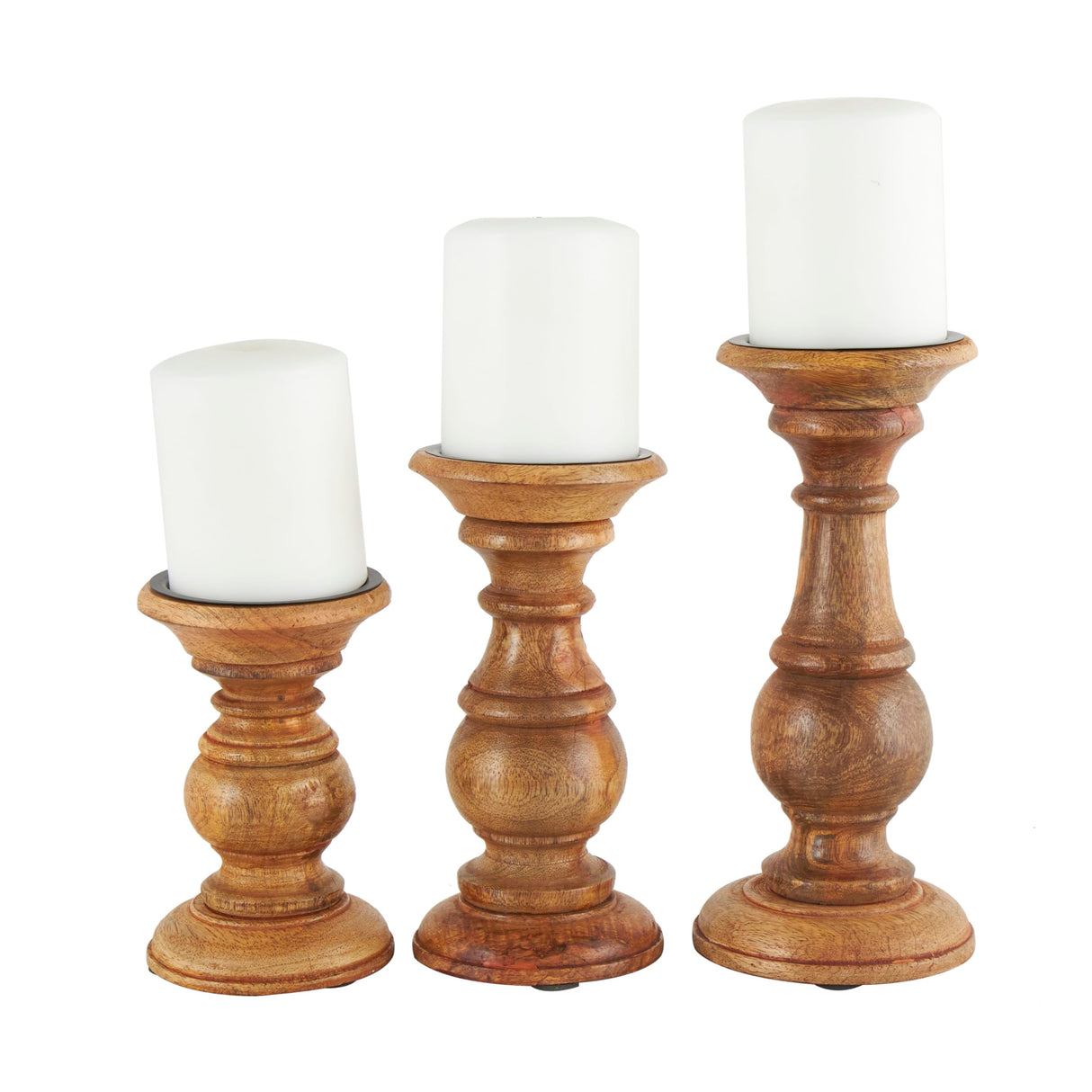 Deco 79 Mango Wood Decorative Candle Holder Turned Style Pillar Candle Stand, Set of 3 Candlestick Holder 10",8",6"H, Brown Deco 79