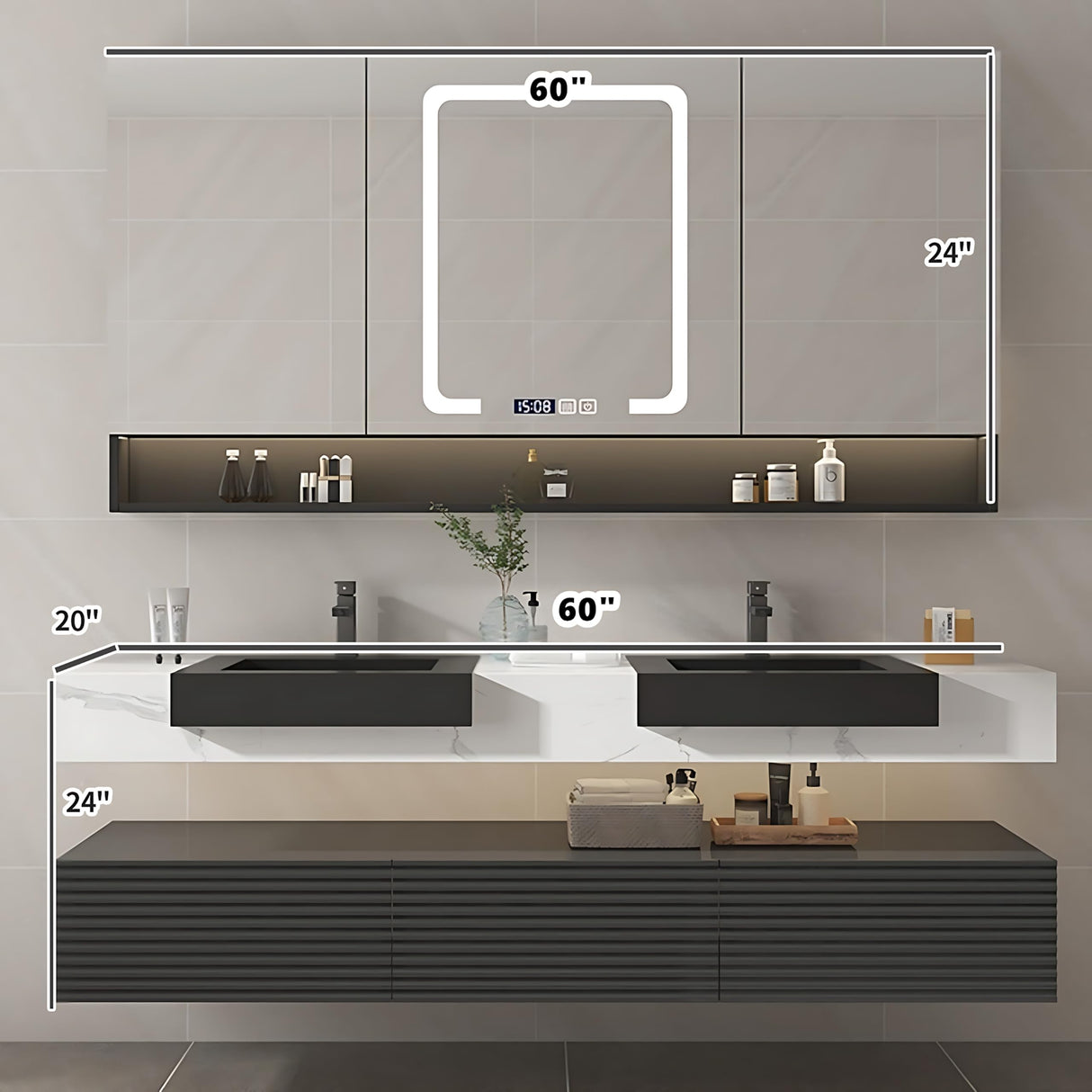ZGNBSD Bathroom Vanity - Modern Bathroom Vanity with Sink & LED Smart Defogger Mirror Cabinet, Solid Wood Floating Bathroom Vanity, Wall-Mounted Installation (Double Sink, 60") ZGNBSD