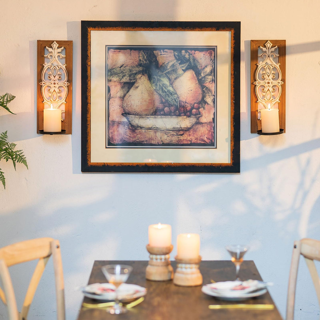 Rustic Wood Candle Sconces Wall Decor - Set of 2 Walasis Farmhouse Wall Candle Holder Decorative Carved Brown Candle Sconce Art Distressed Pillar Candles Holder for Fireplace Decor Walasis