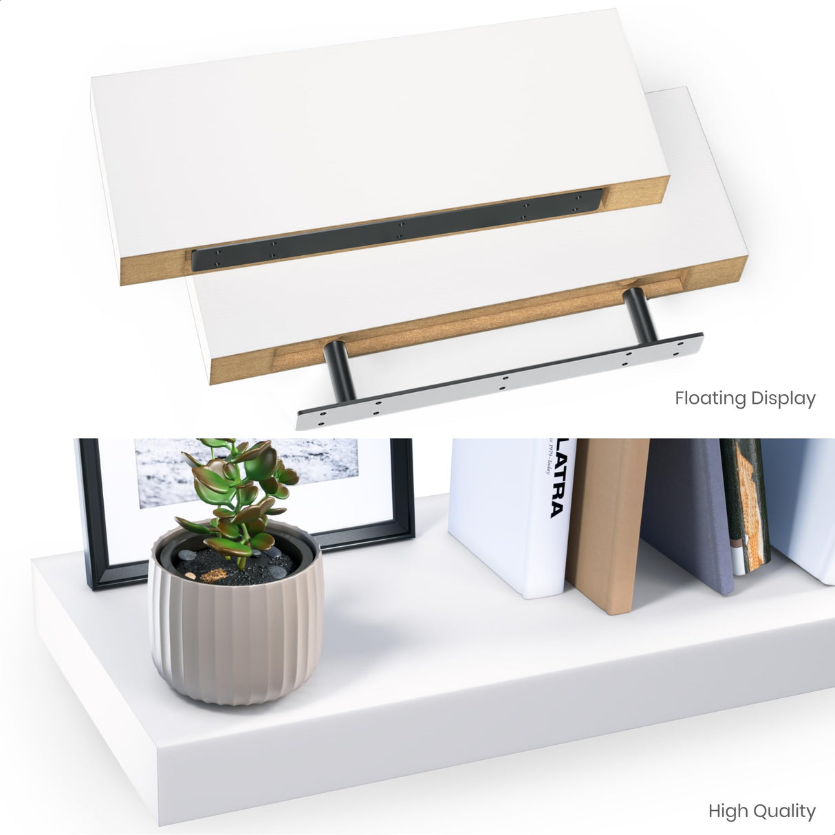 Ballucci Floating Shelves, 2-Pack 16" Wood Wall Shelf Set with Invisible Brackets for Bathroom, Living Room, Bedroom, Kitchen, Nursery, 6" Deep, White Ballucci