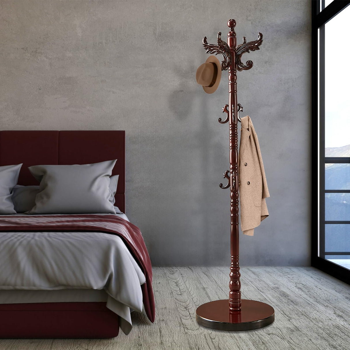 Snaikor Wooden Coat Rack Stand, Vintage Natural Birch Wood Coat Racks Freestanding, Solid Coat Tree Stand with 14 Hooks, Classic Sturdy Coat Racks Hall Tree for Entryway, Office (Round chassis) Snaikor