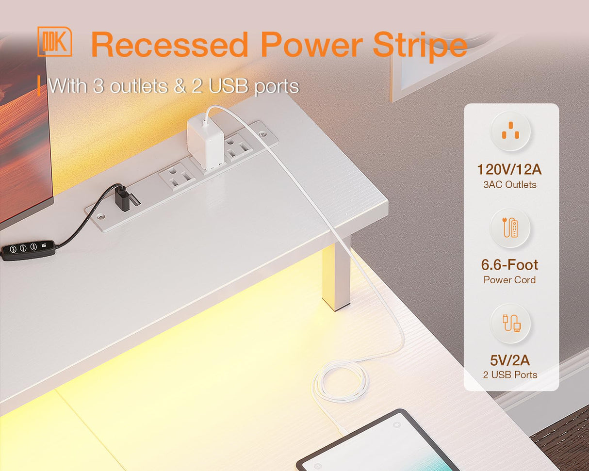 ODK 48 inch Gaming Desk with LED Lights & Power Outlets, Computer Desk with Monitor Stand & Storage Sheves, CPU Stand, Home Office Desk, White ODK