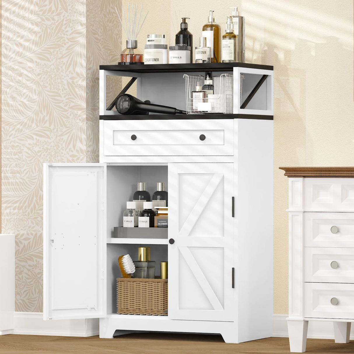 Eltean 42.5" H White Metal Farmhouse Storage Cabinet with Magnetic Doors and Drawer,Sideboard with Adjustable Shelf,Large Capacity Kitchen Pantry Cabinet for Entryway/Living Room/Dining Room Eltean