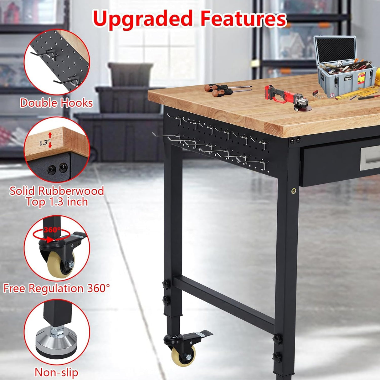 48" x 24" Adjustable Height Workbench - Heavy Duty 2000 lbs Load Capacity, Solid Rubber Wood Top, Sturdy Metal Frame, Workstation with Drawer & Rolling Casters, Power Outlets for Garage & Workshop ExploreHorizon