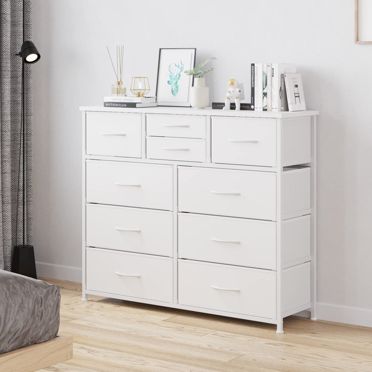 LUMTOK 10-Drawer Dresser, Fabric Storage Dressers Drawers for Bedroom, Hallway, Nursery, Closets, Steel Frame, Wood Top, Easy Pull Handle (White) LUMTOK