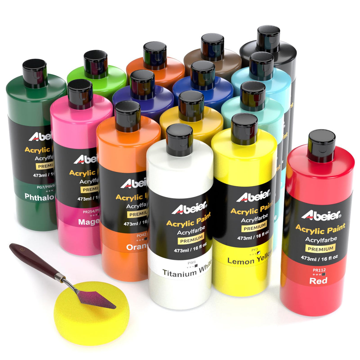 ABEIER Large Bulk Acrylic Paint Set, 15 Colors (473 ml/16 fl oz), Matte Finish, Rich Pigments, Non-Toxic Paints for Painting on Canvas Crafts Wood Ceramic, Ideal for Beginners and Students ABEIER
