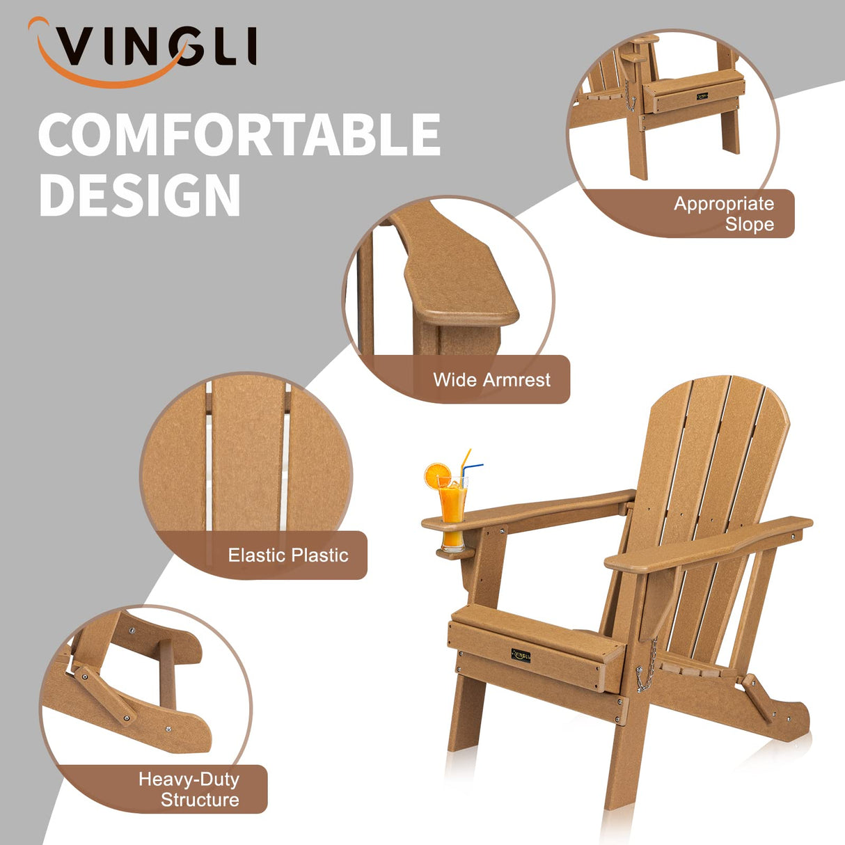 VINGLI Plastic Adirondack Chairs Set of 2, Folding with Cup Holder, Waterproof HDPE Material, Comfortable 380lb Weight Capacity for Outdoor Pool Patio Lounge Chair Lawn Furniture Firepit (Teak) VINGLI