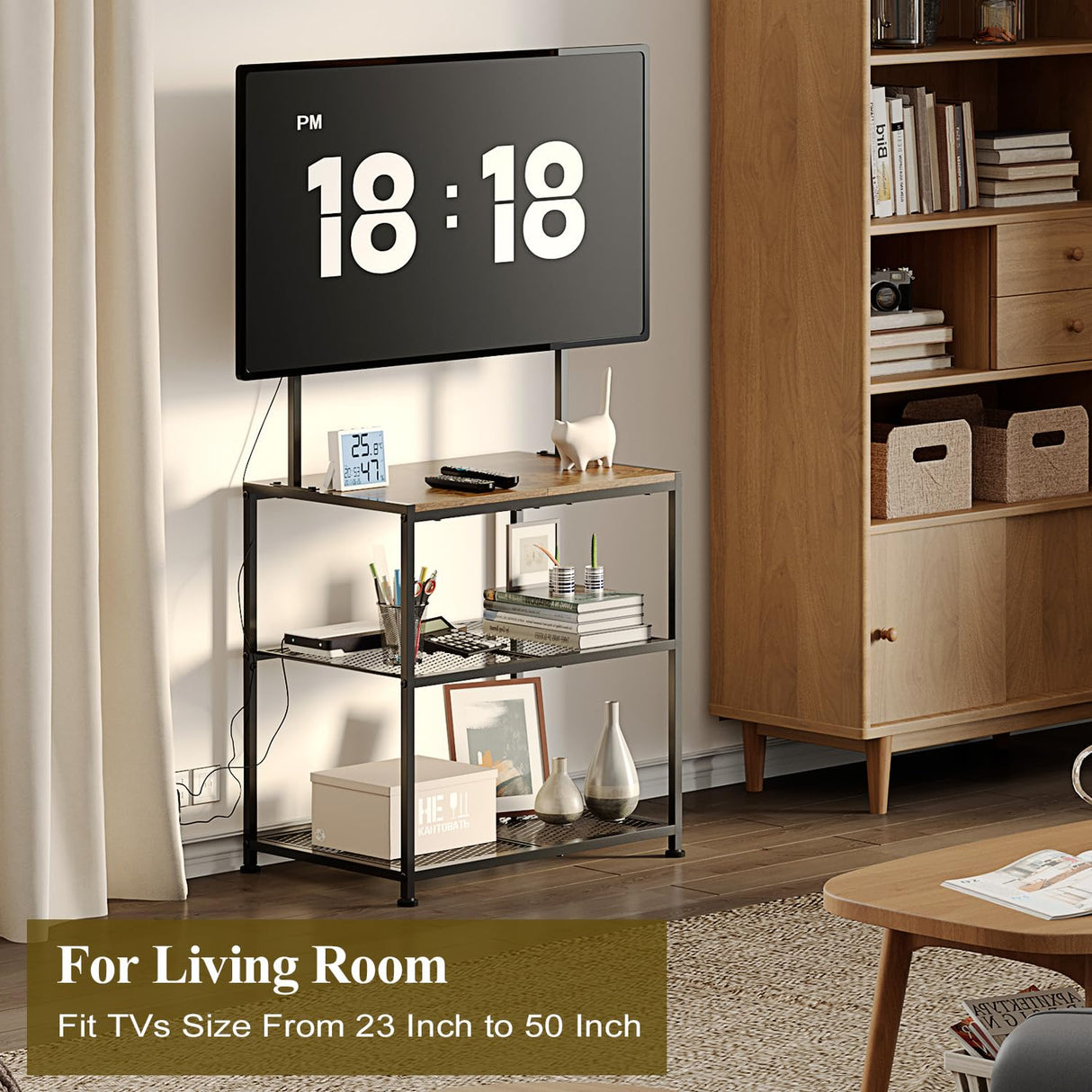 23 Inch to 50 Inch Floor Small Corner TV Stand with Storage Shelves for Living Room Bedroom, Universal Floor Television Stands with Mount, Brown TV Table Desk Shelf for Small Spaces,Patent Pending Cottage Charm