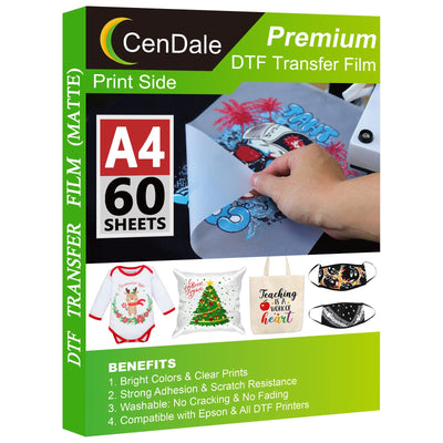 CenDale DTF Transfer Film - A4(8.3" x 11.7") 60 Sheets Double-Sided Matte DTF Film for Sublimation Hack on Cotton, Direct to Film Printing on Dark and Light T-shirts, Hot & Cold Peel DTF Paper
