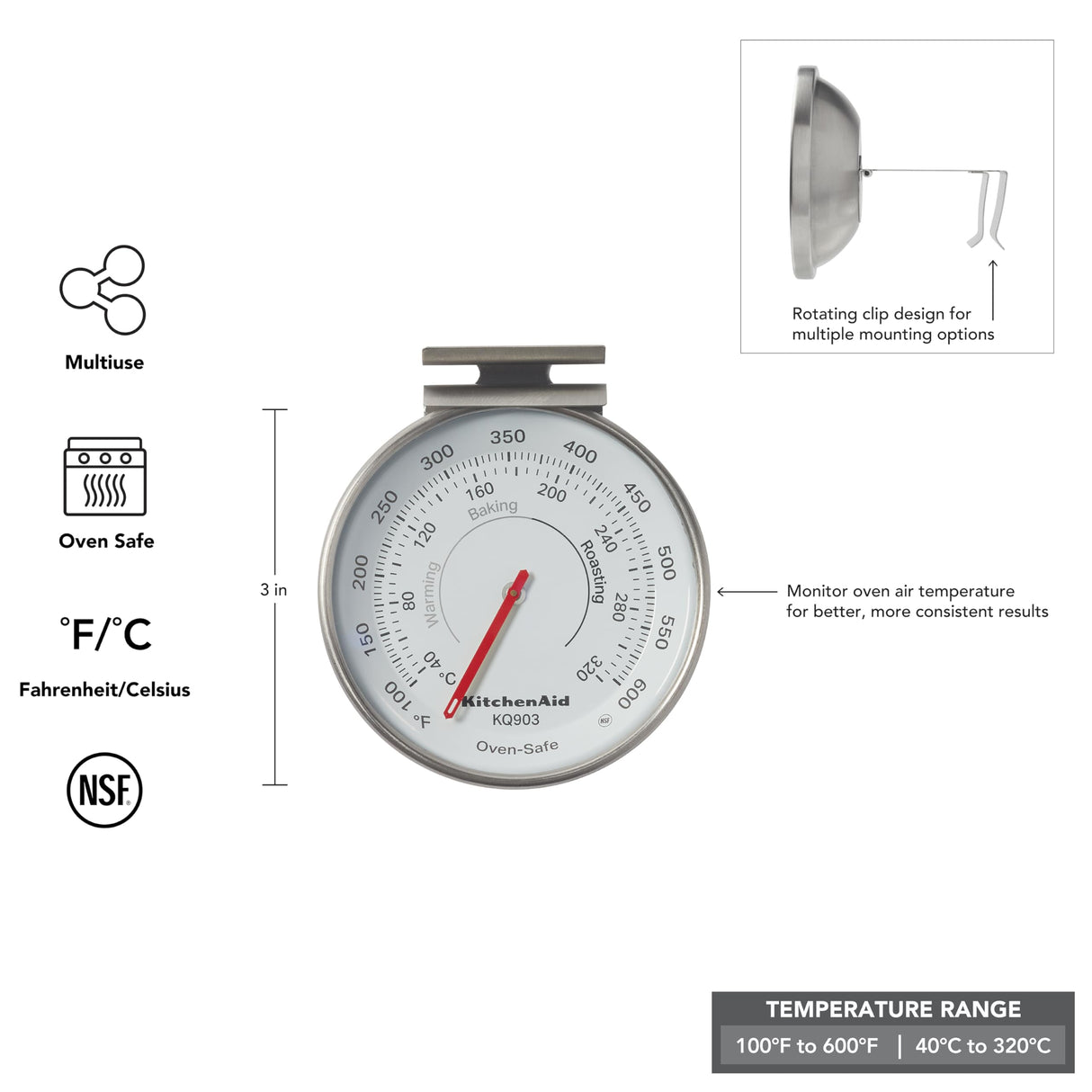 KitchenAid KQ903 3-in Analog Dial Oven/Appliance Thermometer, Oven Food Grill Chef Smoker Cooking Thermometer, TEMPERATURE RANGE: 100F to 600F, Stainless Steel KitchenAid