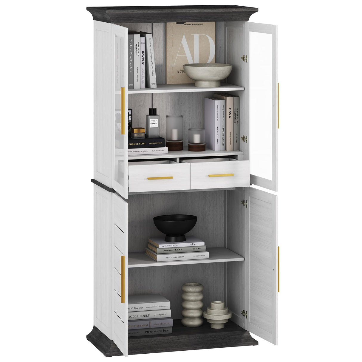 BELLEZE 72" Tall Kitchen Pantry, Large Storage Cabinet with Doors and Shelves, 2 Built-in Drawers, Freestanding Hutch Cabinet with Storage for Kitchen,Dining Room and Living Room (White) BELLEZE