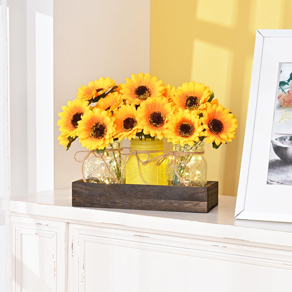BLEUM CADE Centerpieces Table Decorations - 3Pcs Sunflowers Artificial Flowers in Mason Jars with Wood Tray, Dining Table Centerpiece Decor, Coffee Table Farmhouse Living Room Home Decorations BLEUM CADE