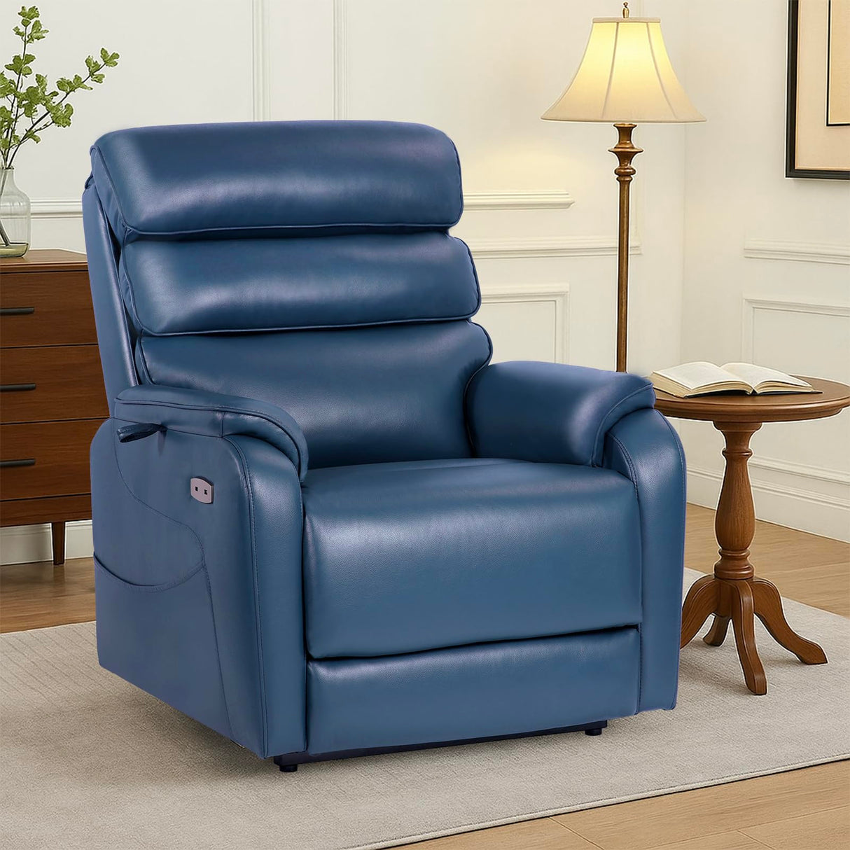 EONIX Dual Motor Lay Flat Power Lift Recliner Chair for Elderly, Electric Faux Leather Lift Chairs for Adults, 400lbs Heavy Duty Power Recliner Lift Sofa with Heat and Massage, Navy Blue EONIX